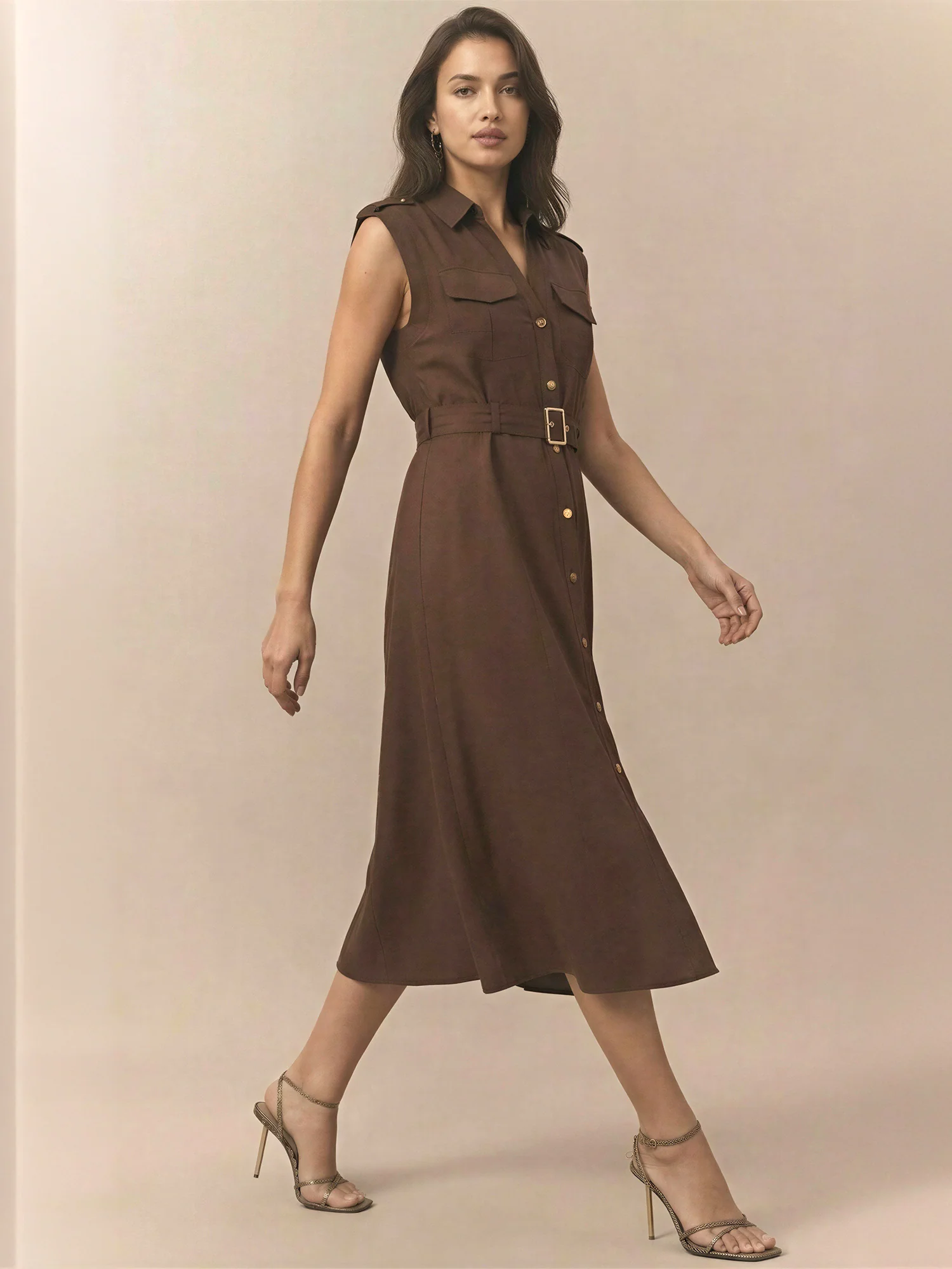Sleeveless Utility Button Down Linen Bled Shirt Midi Dress - Image 3