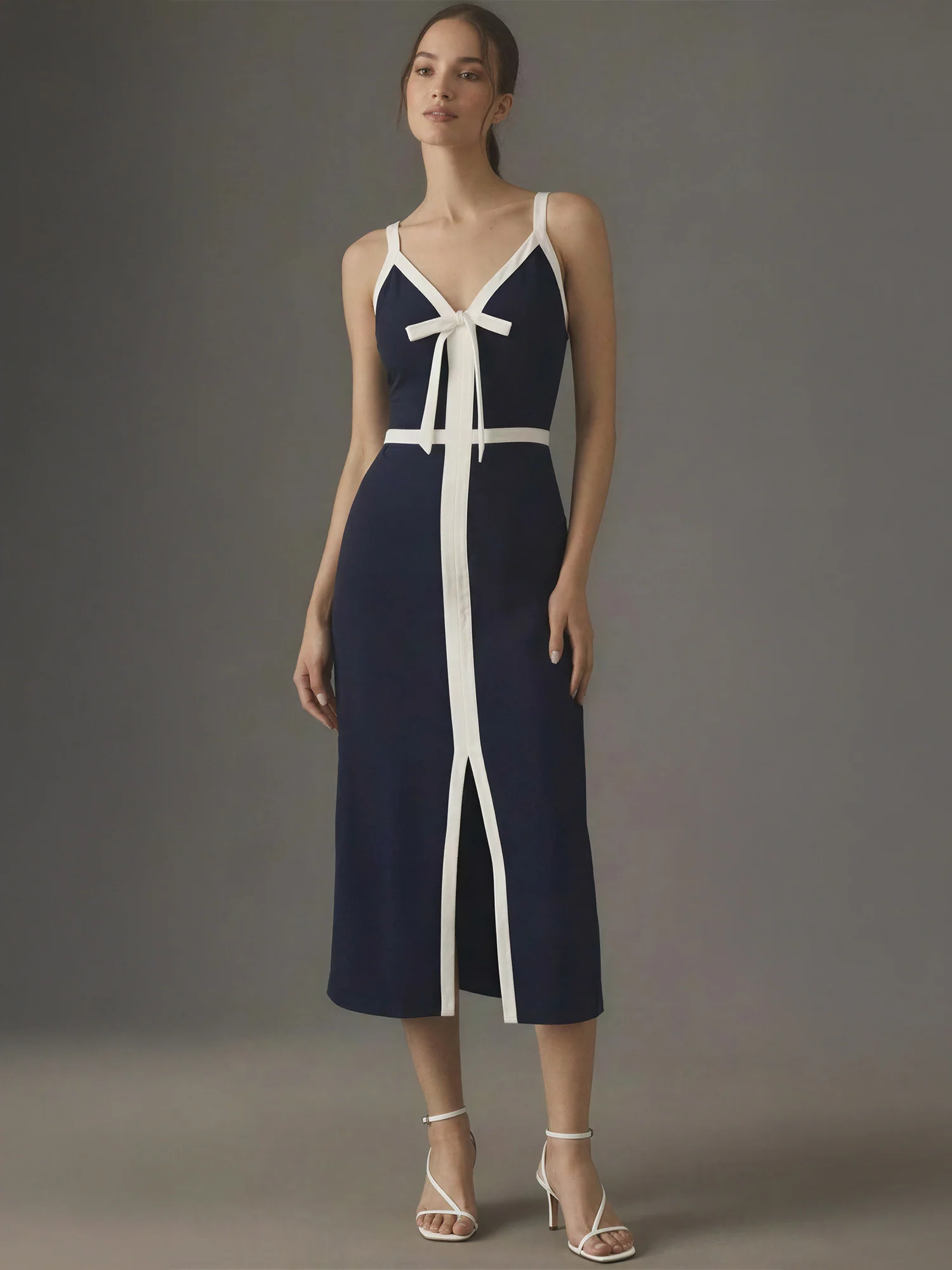 V Neck Contrast Bow Midi Dress