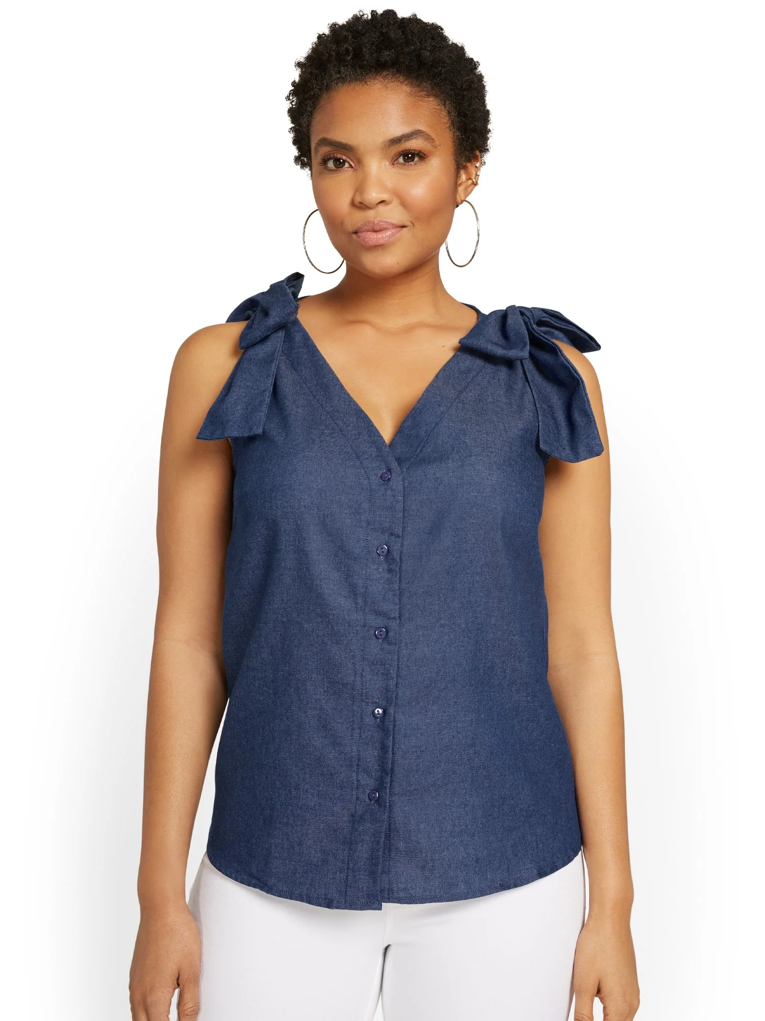 Sleeveless Bow-Accent Button-Front Top - Image 2