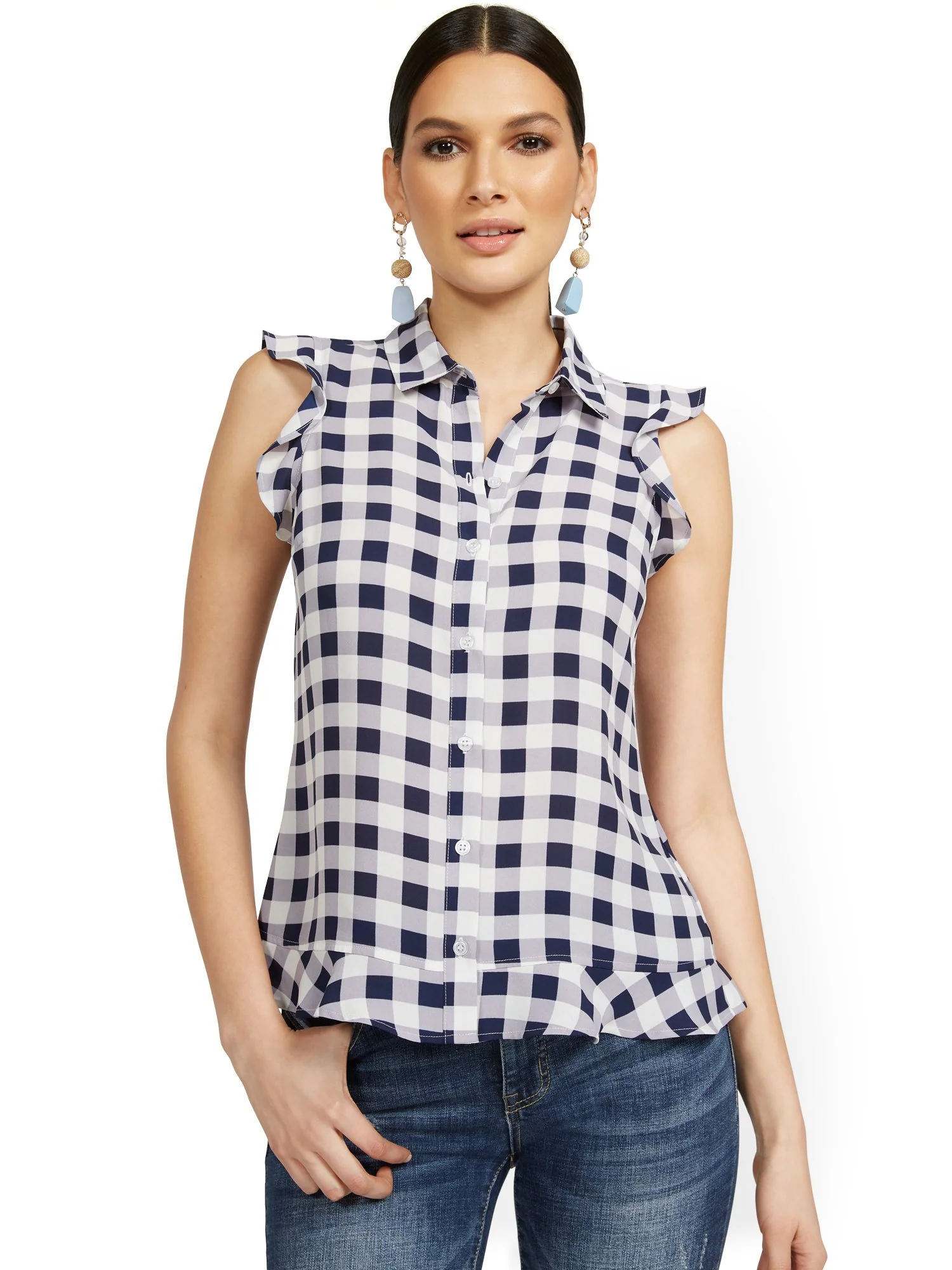 Sleeveless Button-Front Flouncy Gingham Top