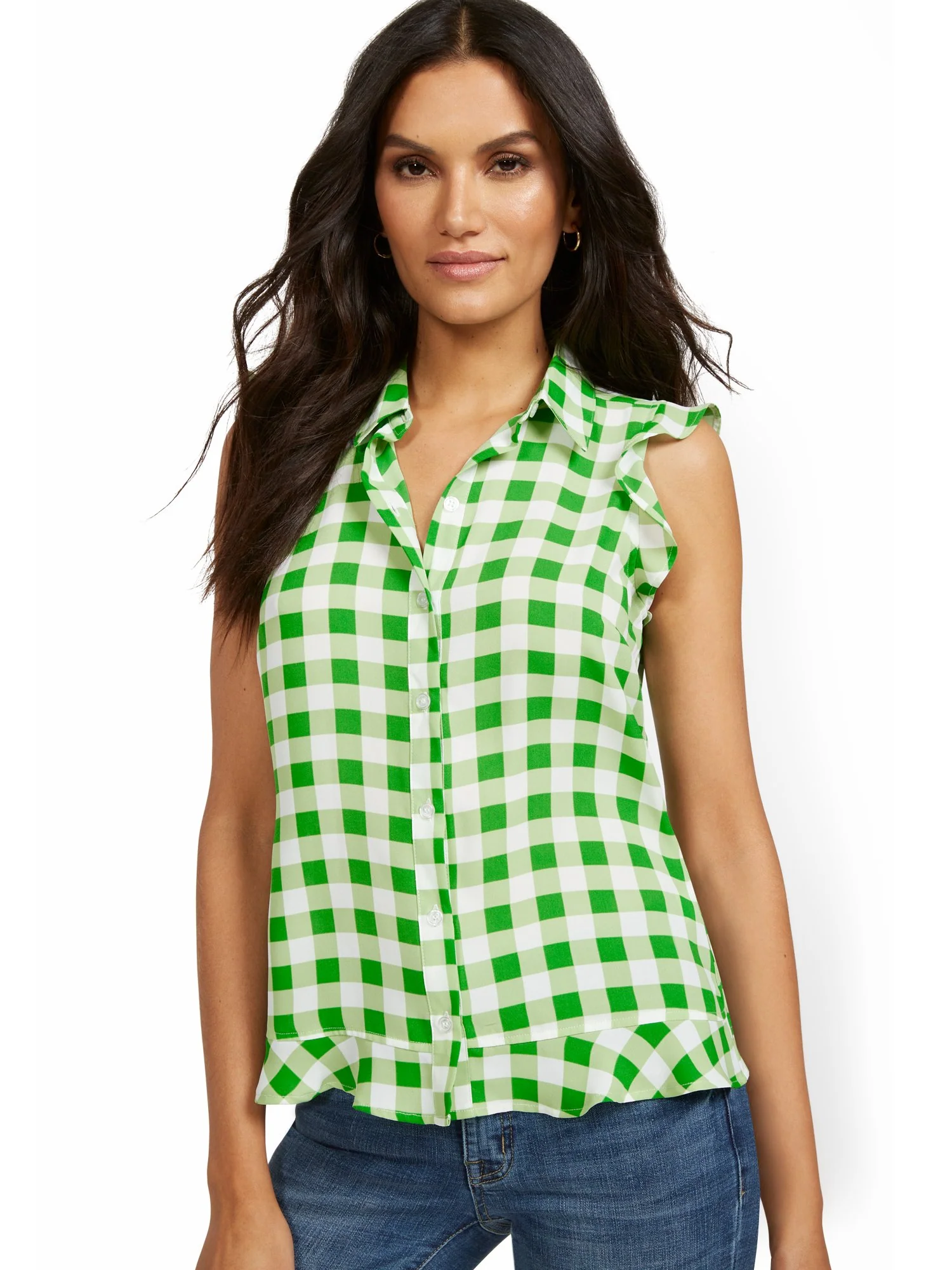 Sleeveless Button-Front Flouncy Gingham Top - Image 6