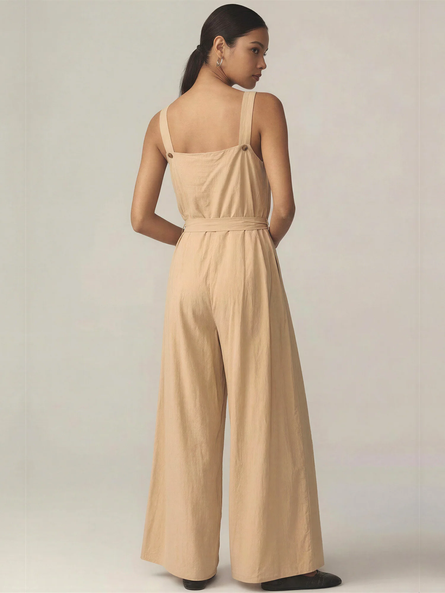 Sleeveless Button Front Tie Waist Pleated Wide Leg Jumpsuit - Image 3
