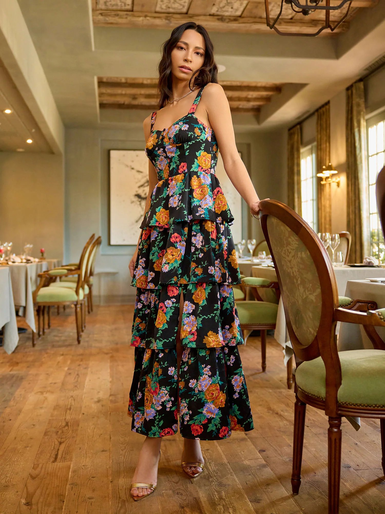 Sleeveless Floral Print Tiered Midi Dress - Fore Collection