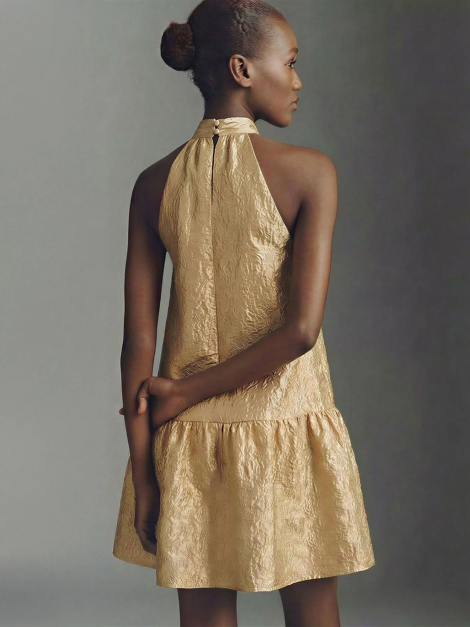 Gold Jacquard Bow Neck Shift Mini Dress - Image 4