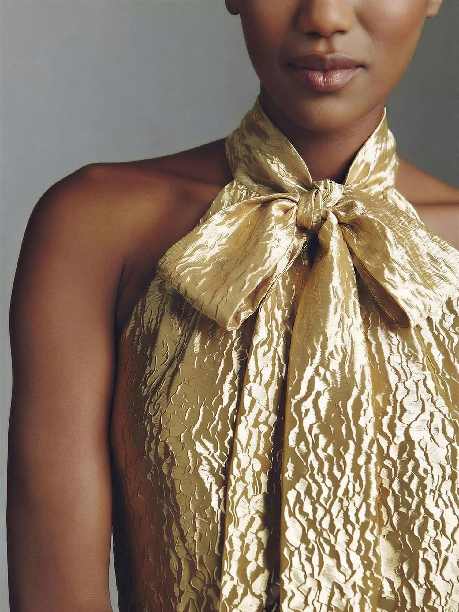 Gold Jacquard Bow Neck Shift Mini Dress - Image 8