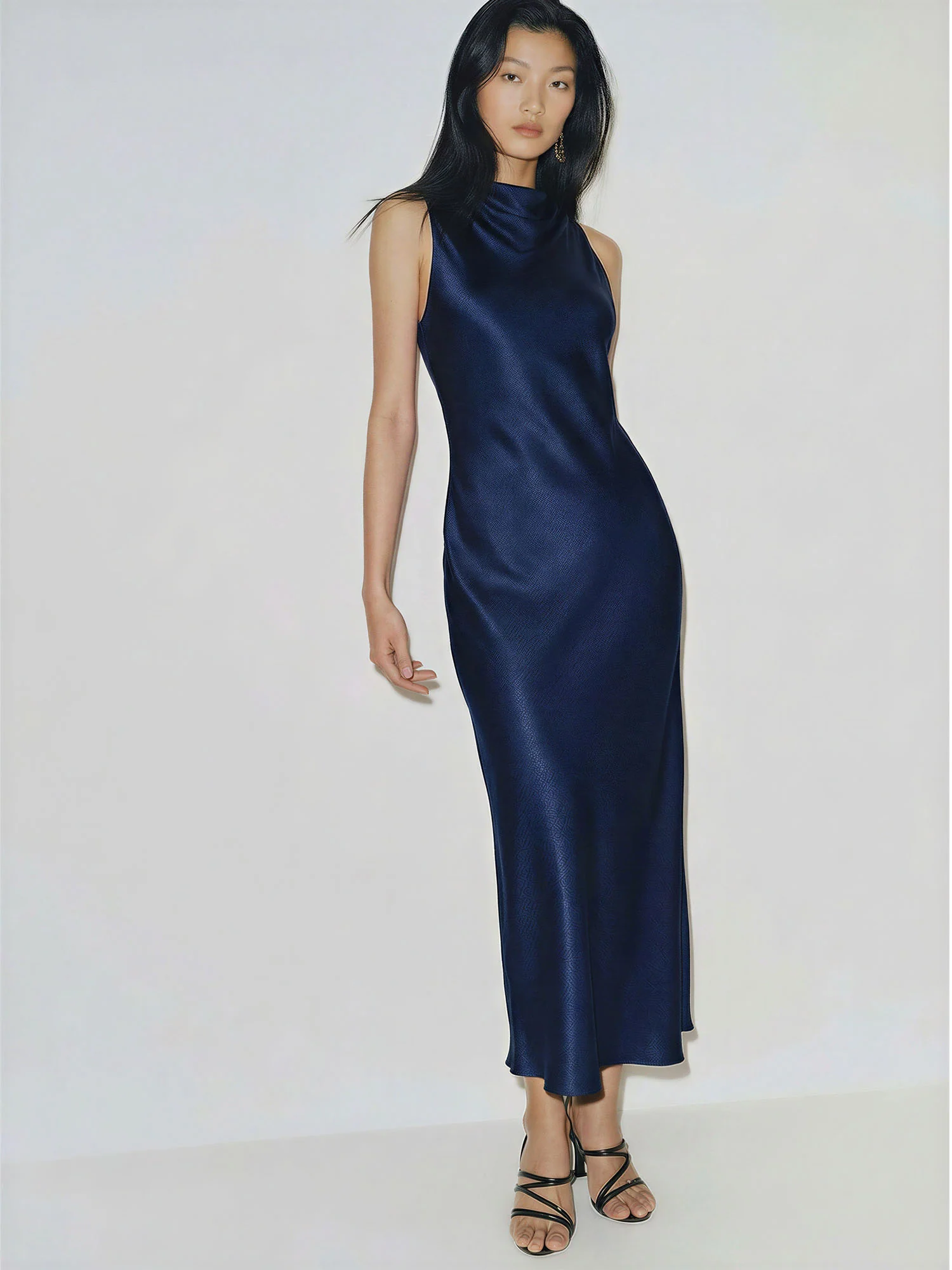 Satin Side Slit Cowl Neck Midi Dress - Image 2