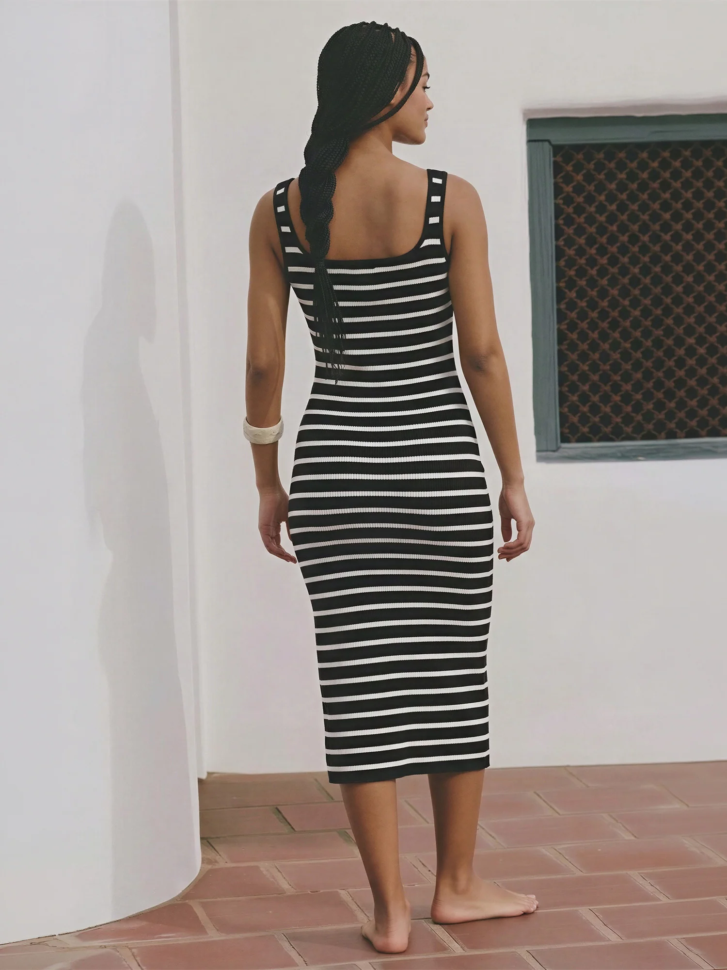 Sleeveless Striped Knit Slit Midi Dress - Image 4
