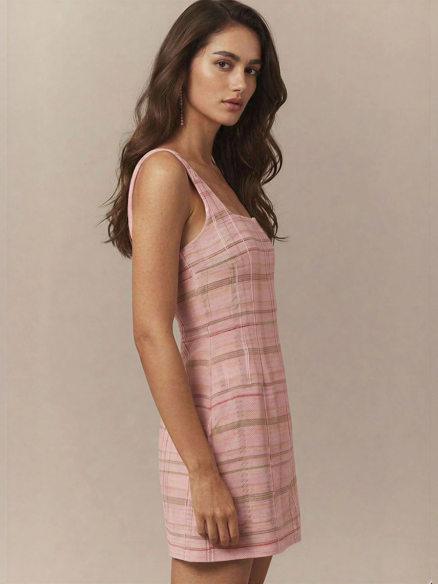 Sleeveless Tweed Square Neckline Mini Dress With Bow - Image 4