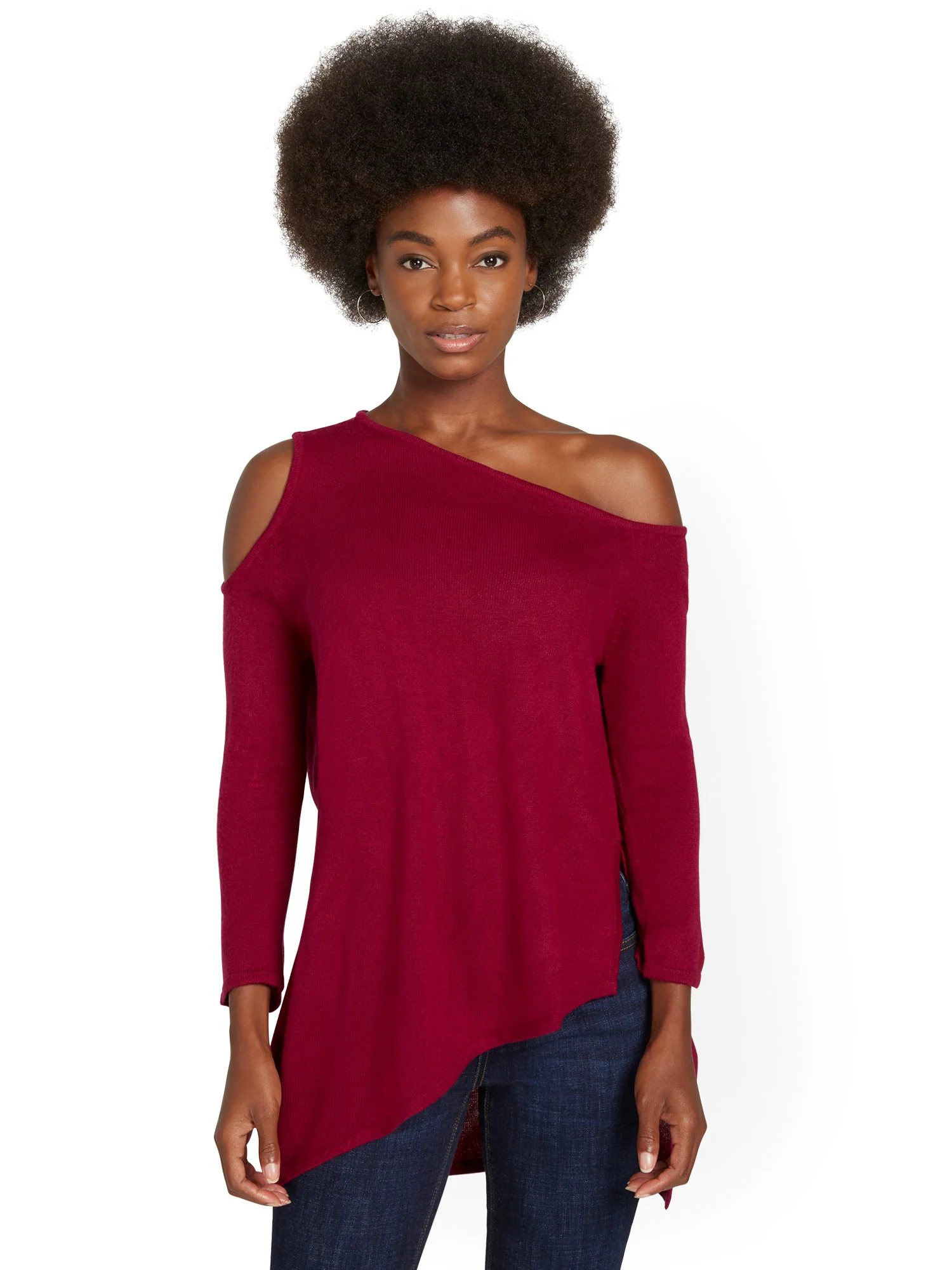 Slouchy Asymmetrical Cold-Shoulder Tunic Sweater - Image 2