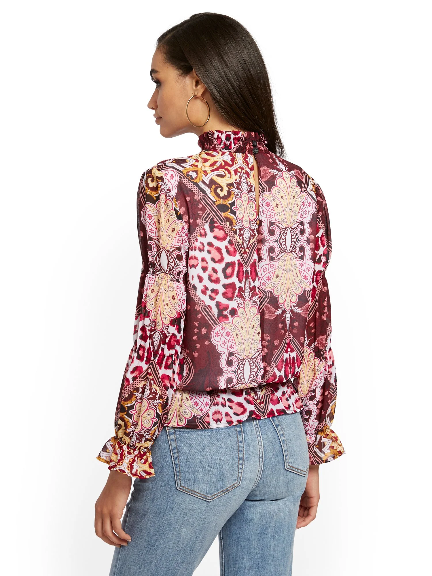 Smocked Mock-Neck Blouse - Mixed Print - Image 3