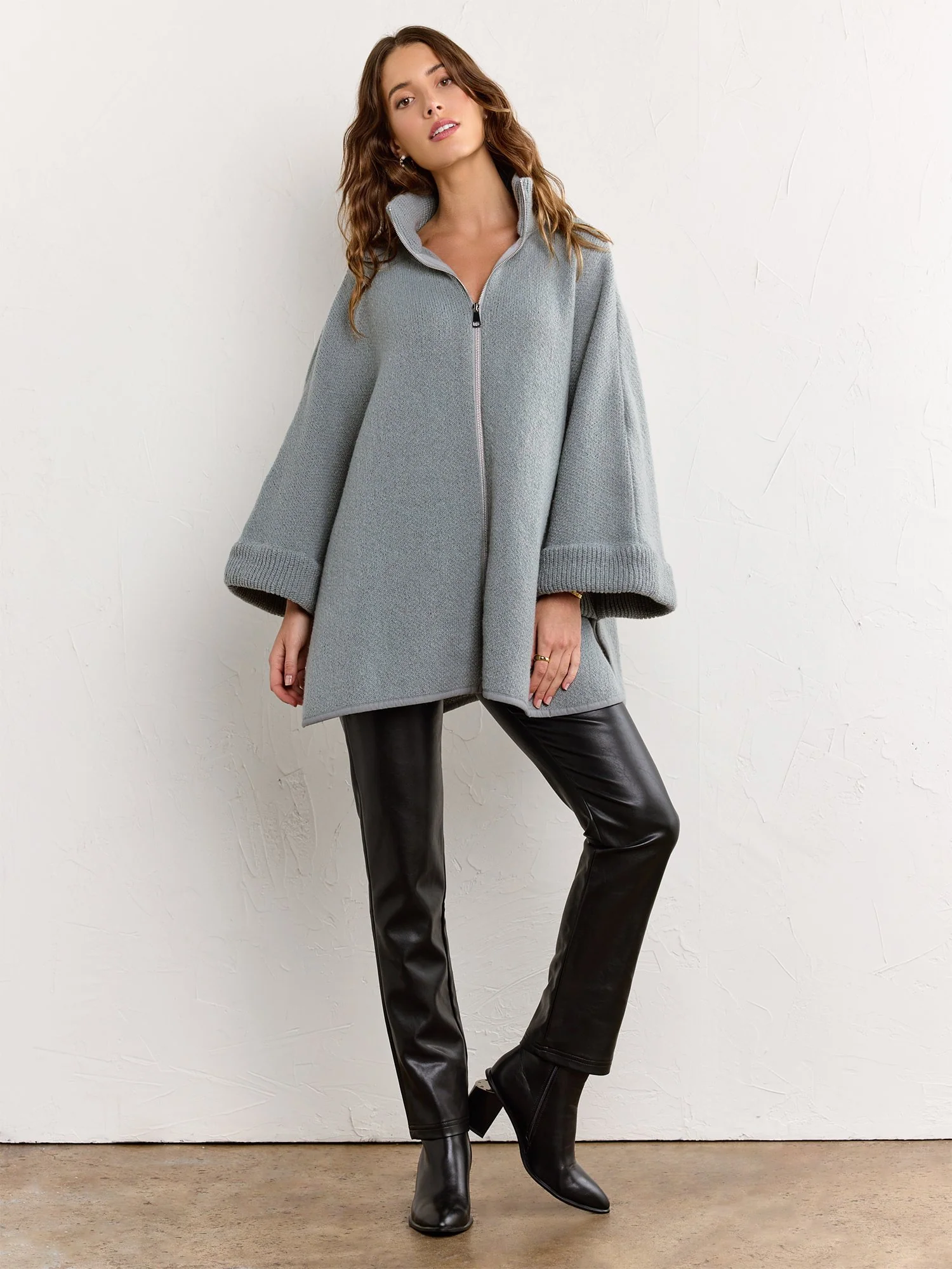 Solid Zipper Poncho - Image 4