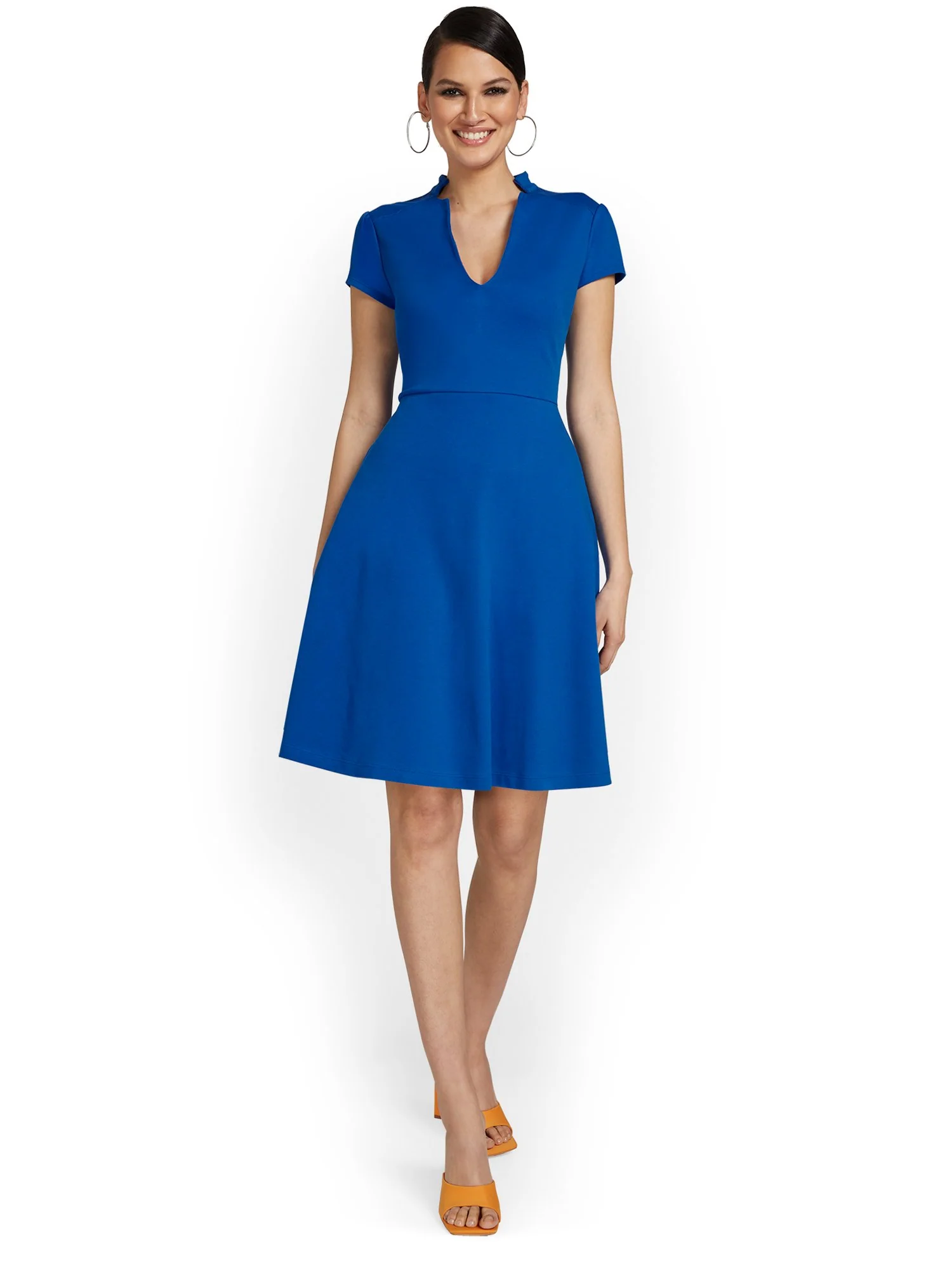 Split-Neck Puff-Sleeve Flare Dress - City Knits - Image 16