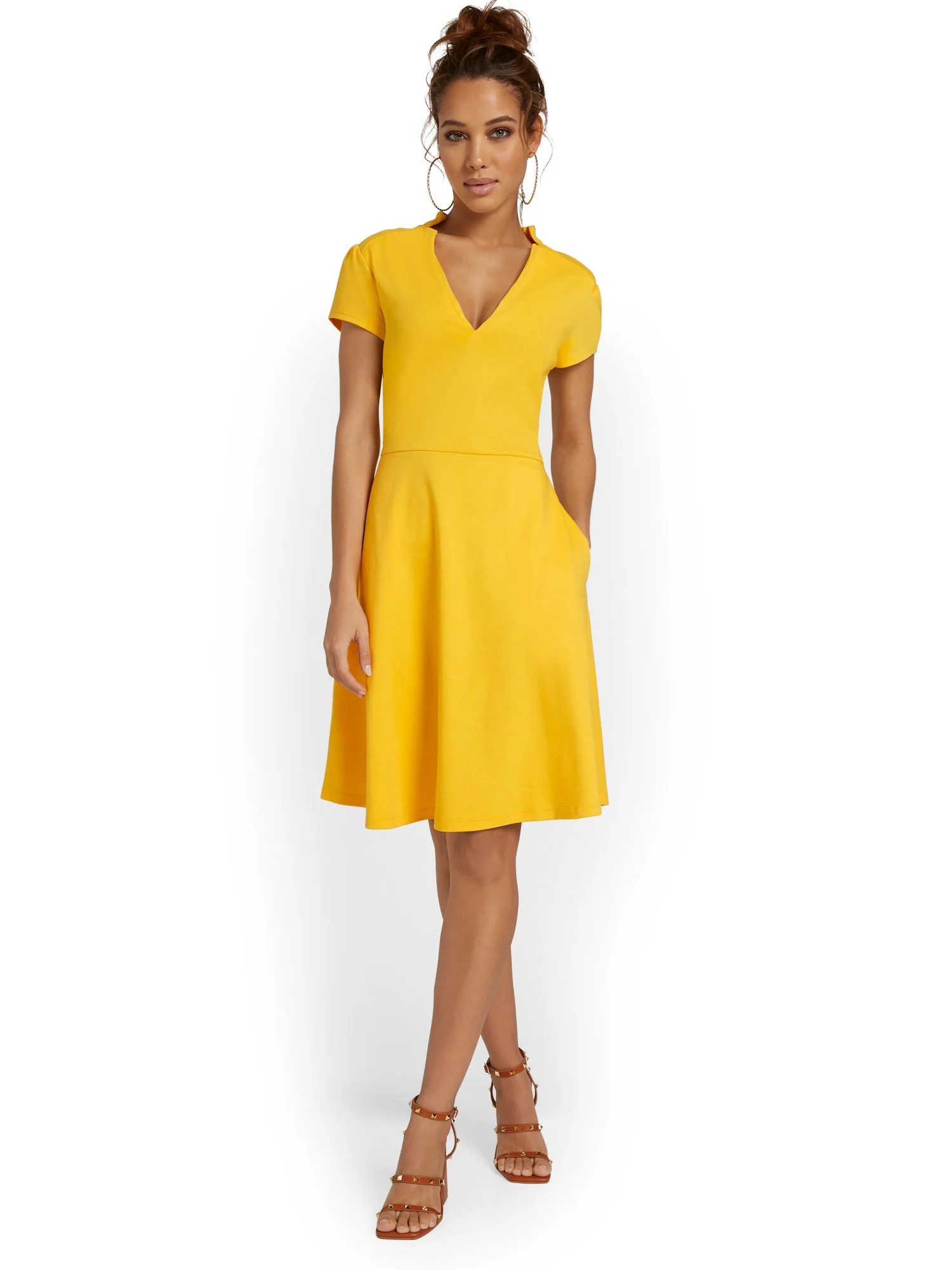 Split-Neck Puff-Sleeve Flare Dress - City Knits - Image 21