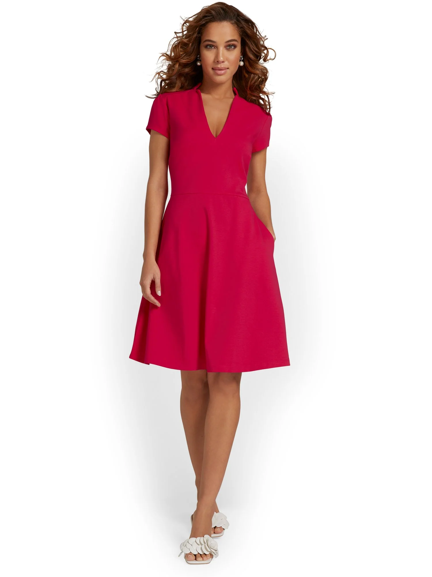 Split-Neck Puff-Sleeve Flare Dress - City Knits - Image 7