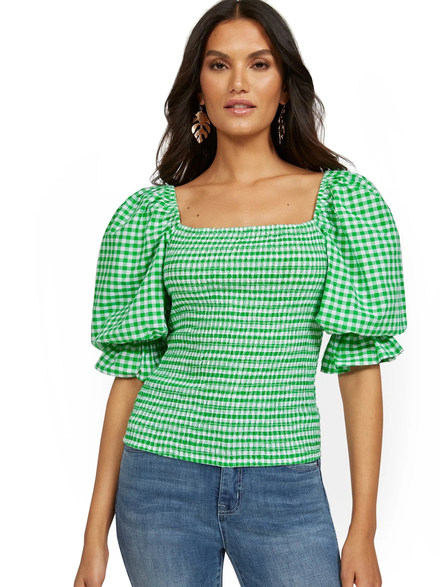 Square Neck Smocked Gingham Blouse - Image 2