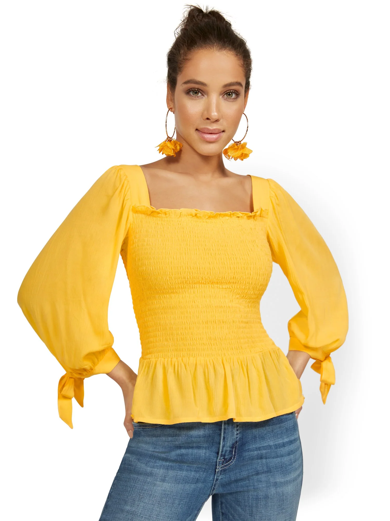 Square-Neck Smocked Tie-Sleeve Blouse