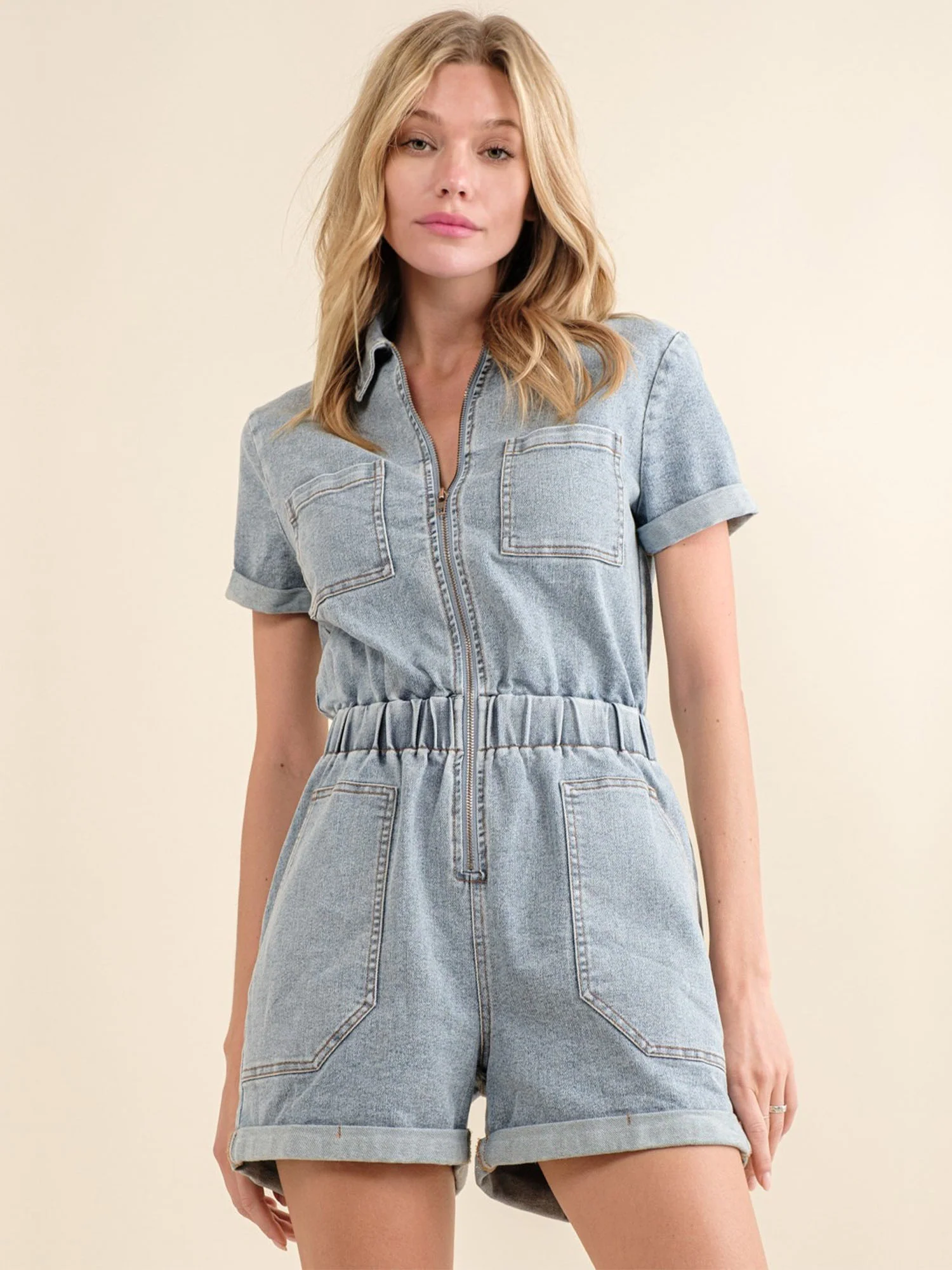 Blue B Short Sleeve Acid Washed Zip Front Denim Romper - Brands We Love - Image 4