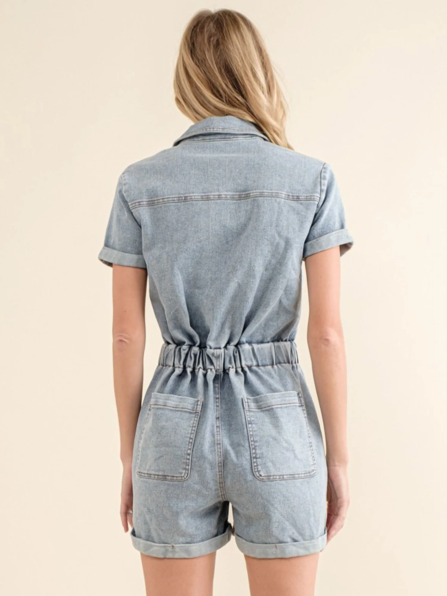 Blue B Short Sleeve Acid Washed Zip Front Denim Romper - Brands We Love - Image 5