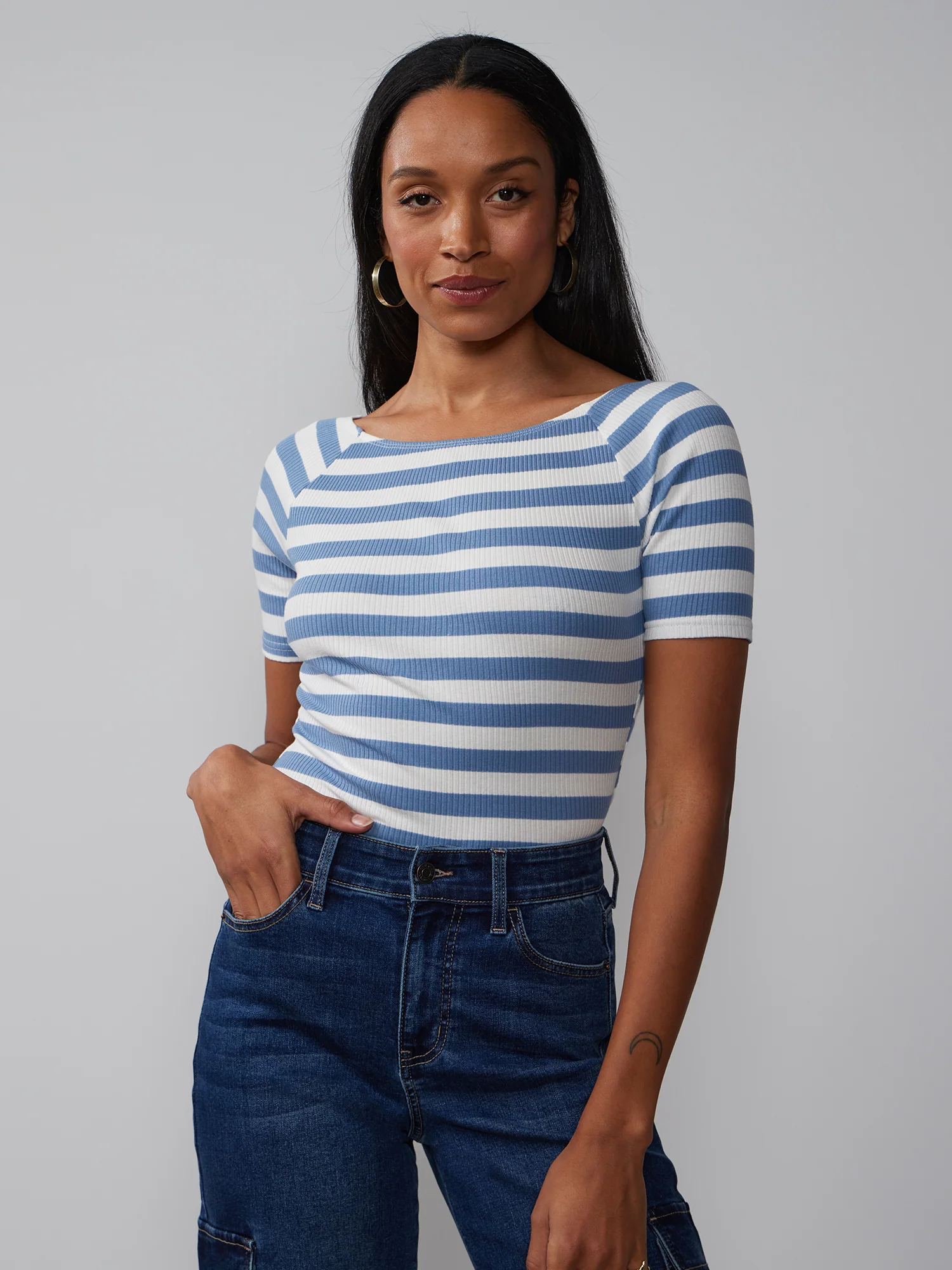 Short Sleeve Boat Neck Ribbed T-Shirt - Image 5