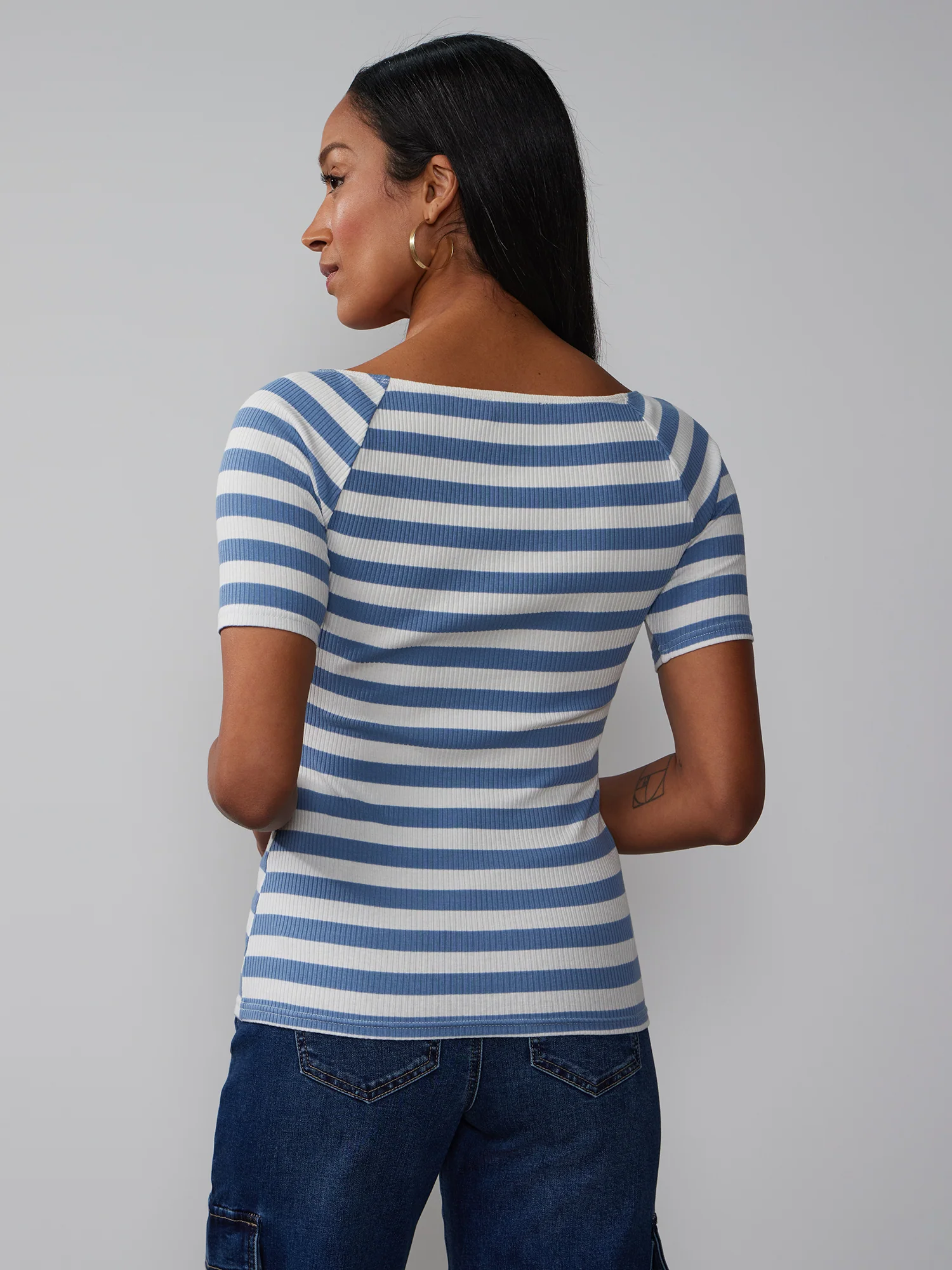 Short Sleeve Boat Neck Ribbed T-Shirt - Image 7