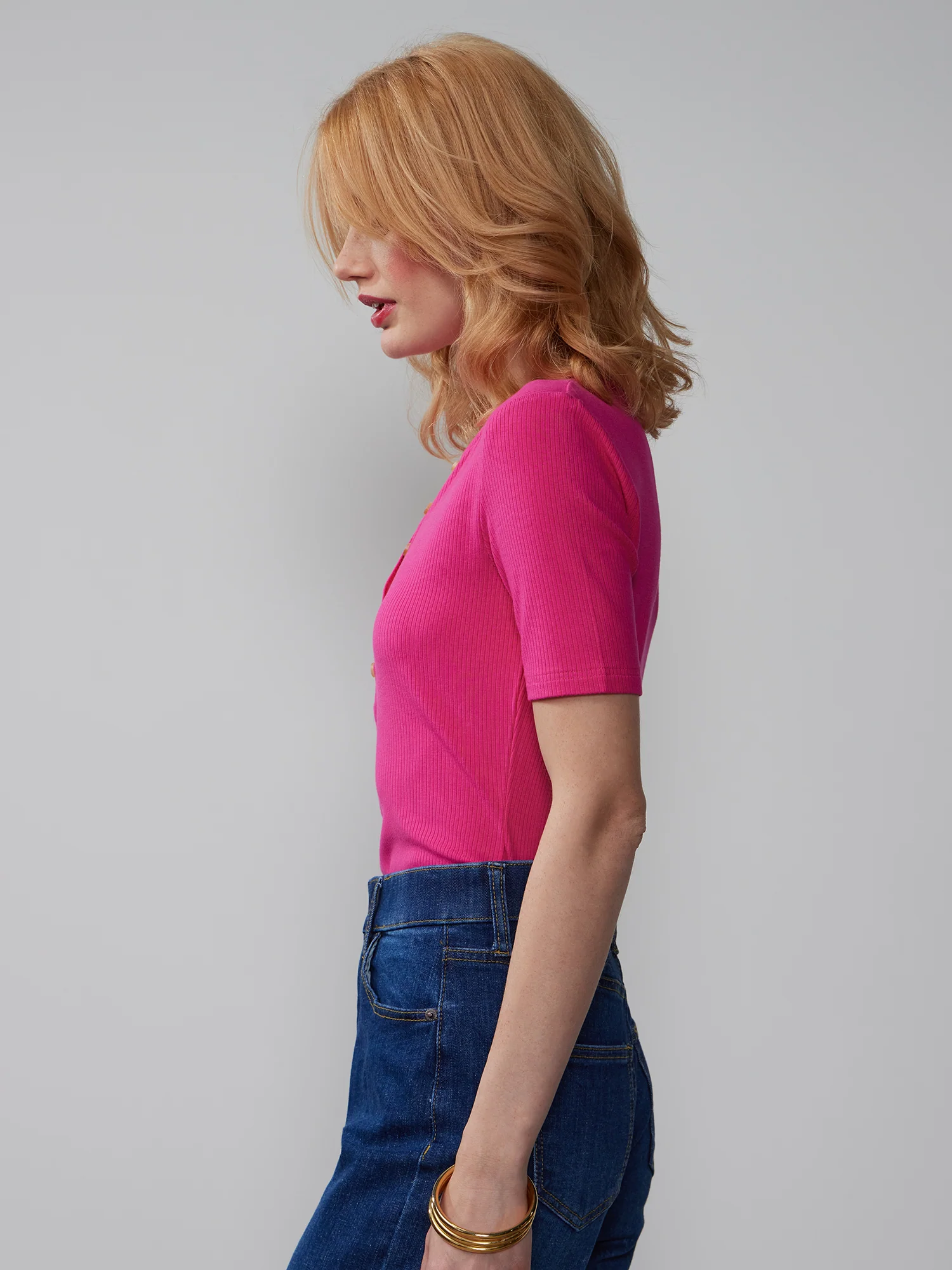 Short Sleeve Ribbed Henley Top - Image 2