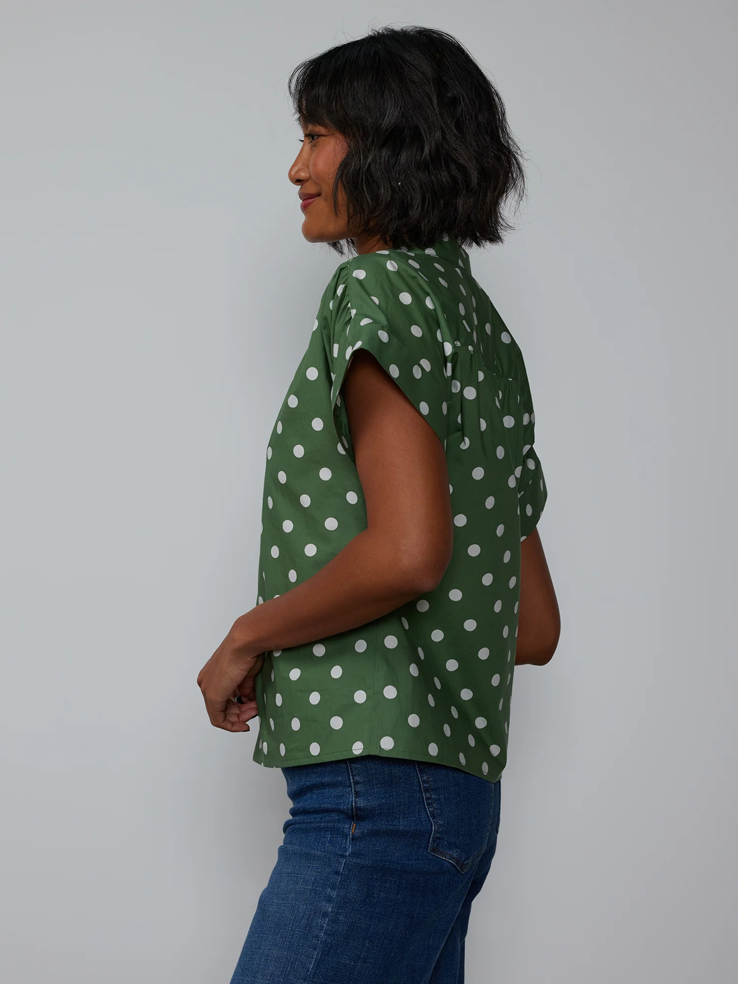 Short Sleeve Shirred Shoulder Dot Popover Shirt - Image 2