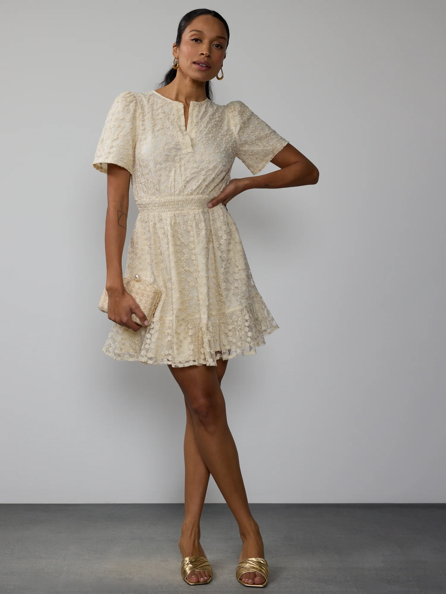 Embroidered Floral Smock Waist Ruffle Hem Mini Dress - Image 6