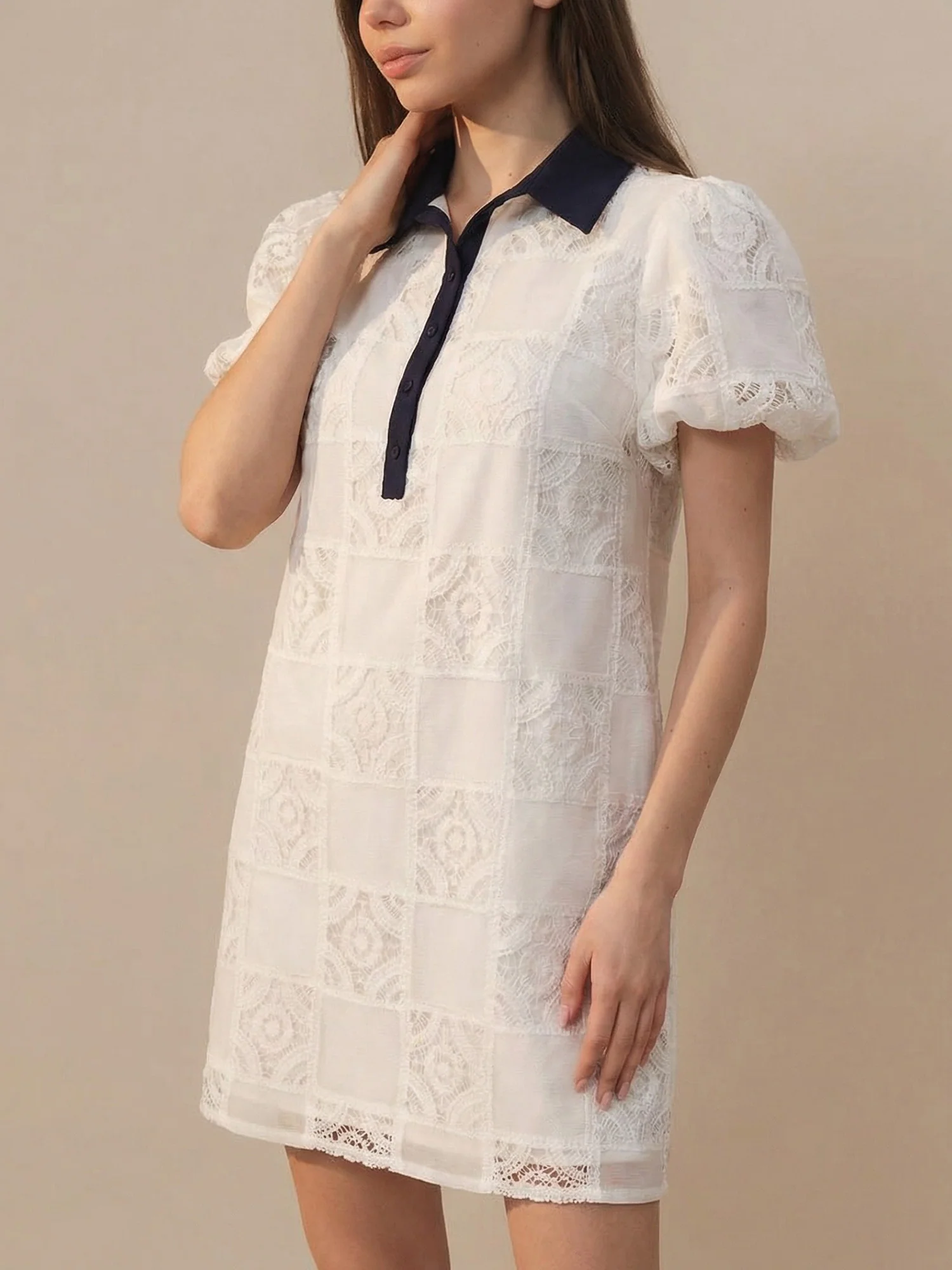 Embroidered Bubble Sleeve Mini Shirt Dress - Image 3