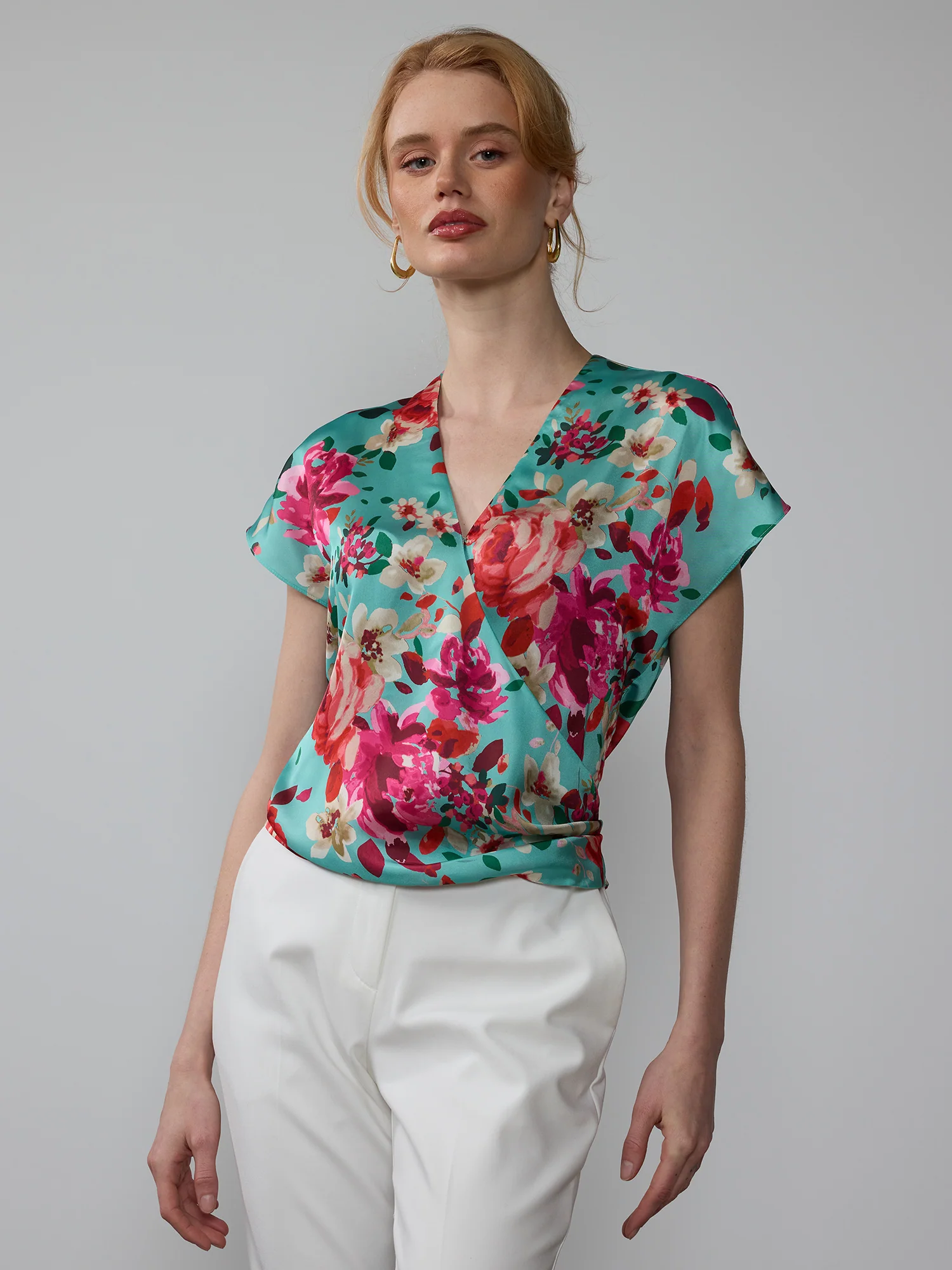 Short Sleeve Surplice Neck Floral Blouse