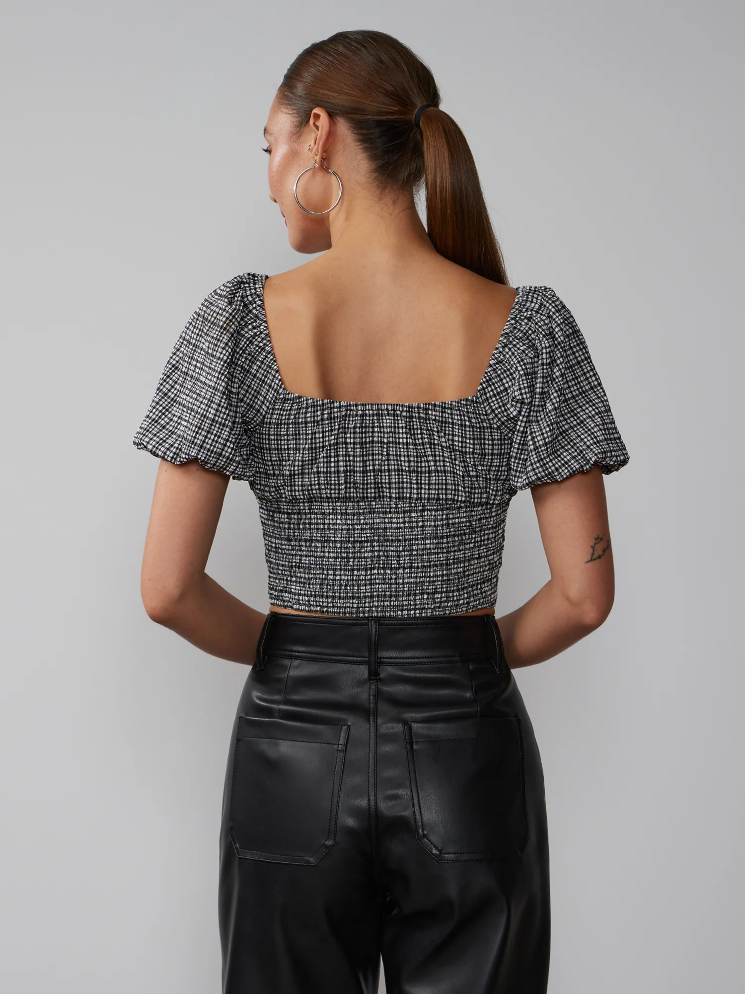 Square Neck Plaid Smocked Blouse - Image 3