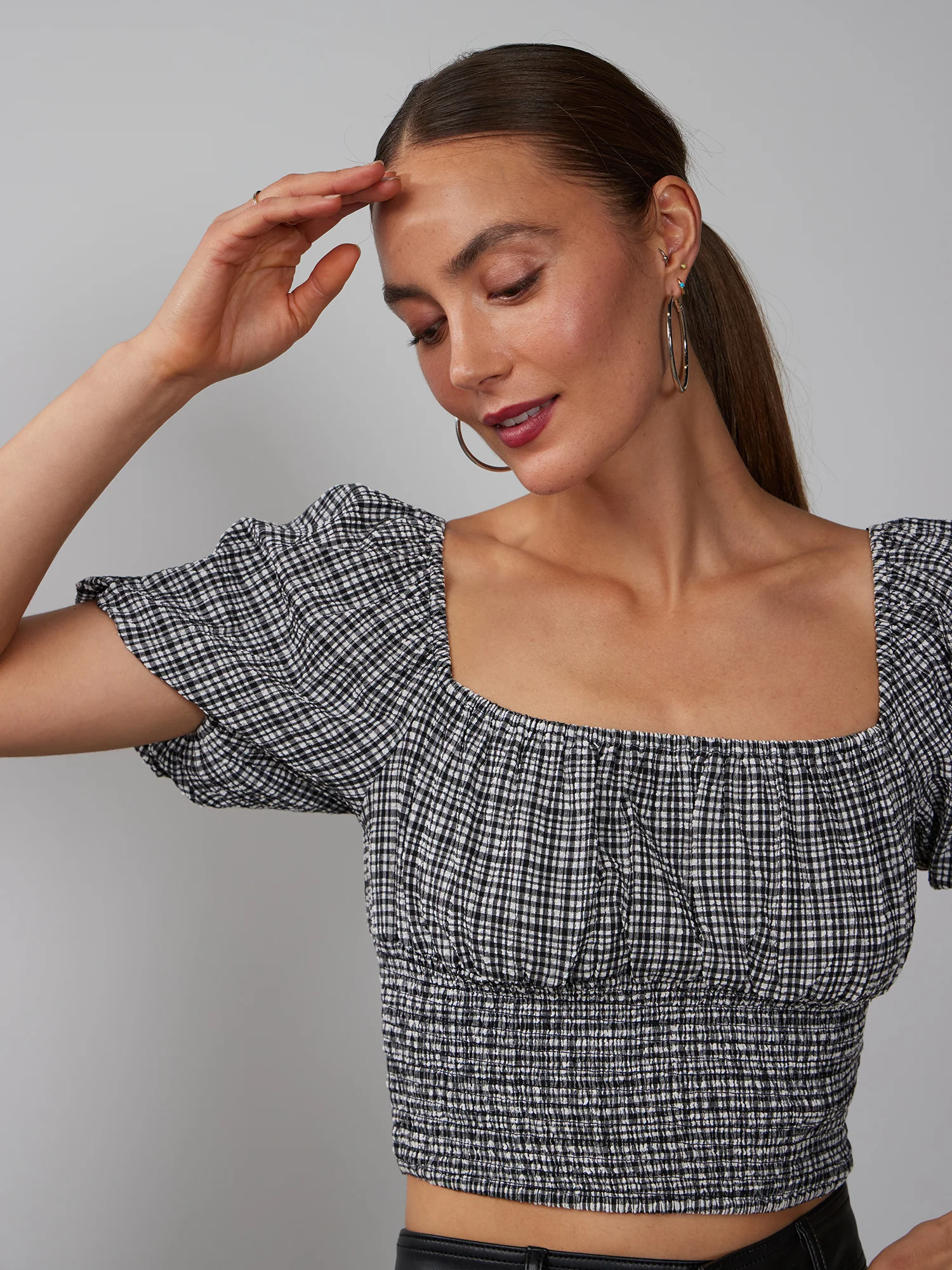 Square Neck Plaid Smocked Blouse - Image 4