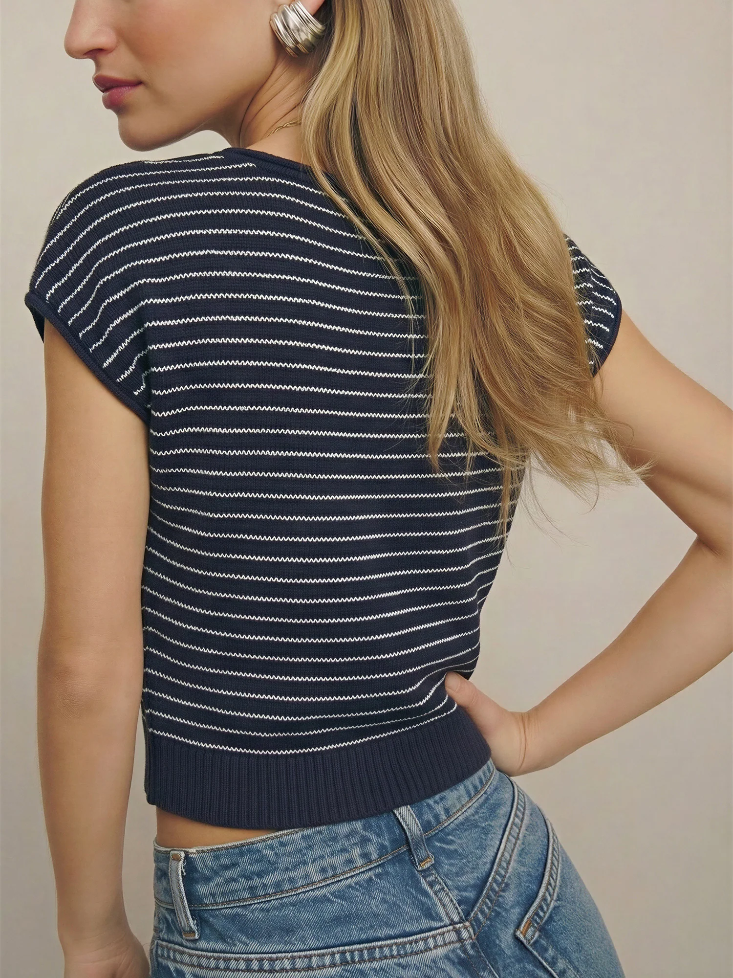 Short Sleeve Striped Button Down Sweater Tee - Image 3