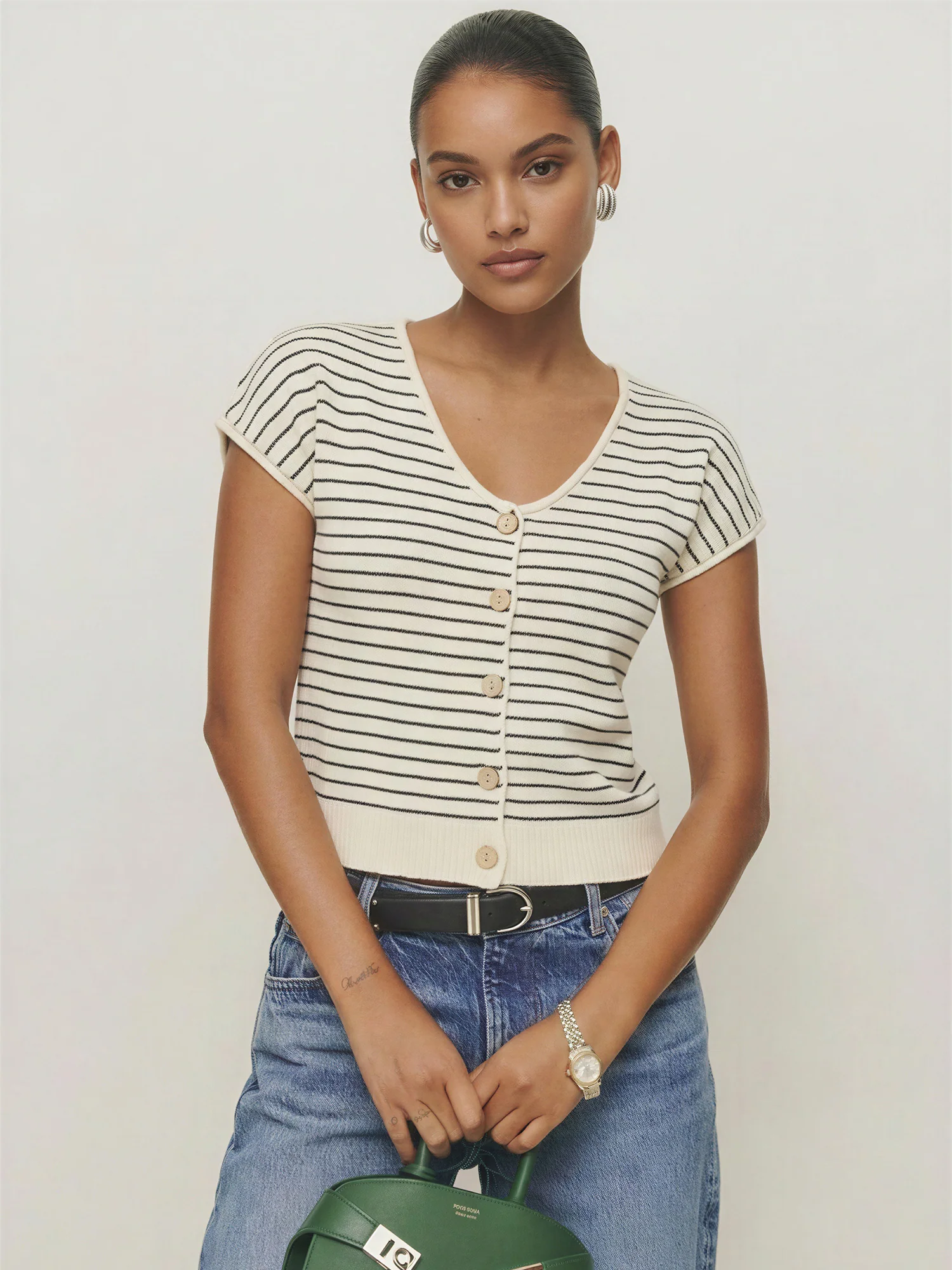 Short Sleeve Striped Button Down Sweater Tee - Image 5