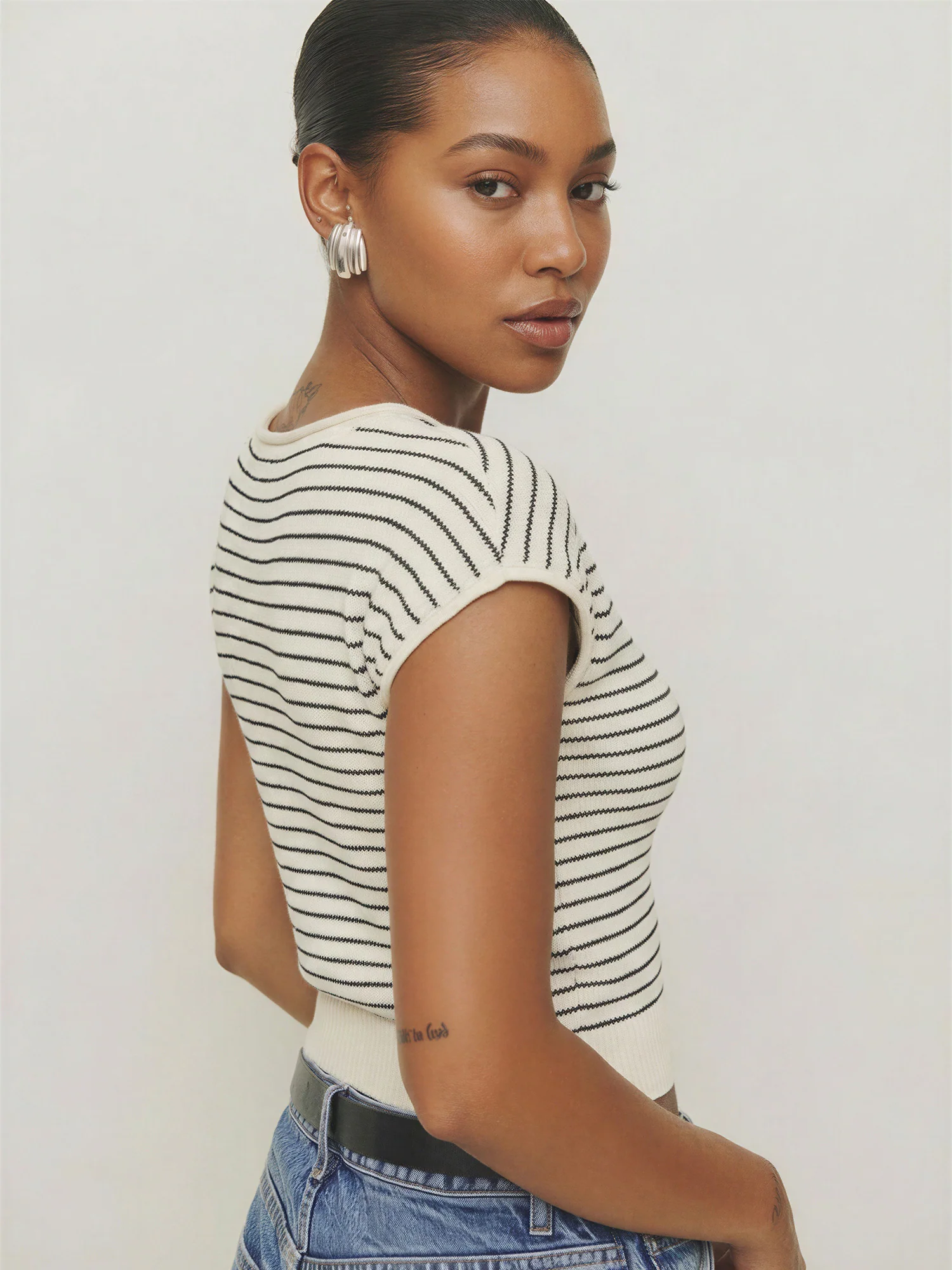 Short Sleeve Striped Button Down Sweater Tee - Image 7