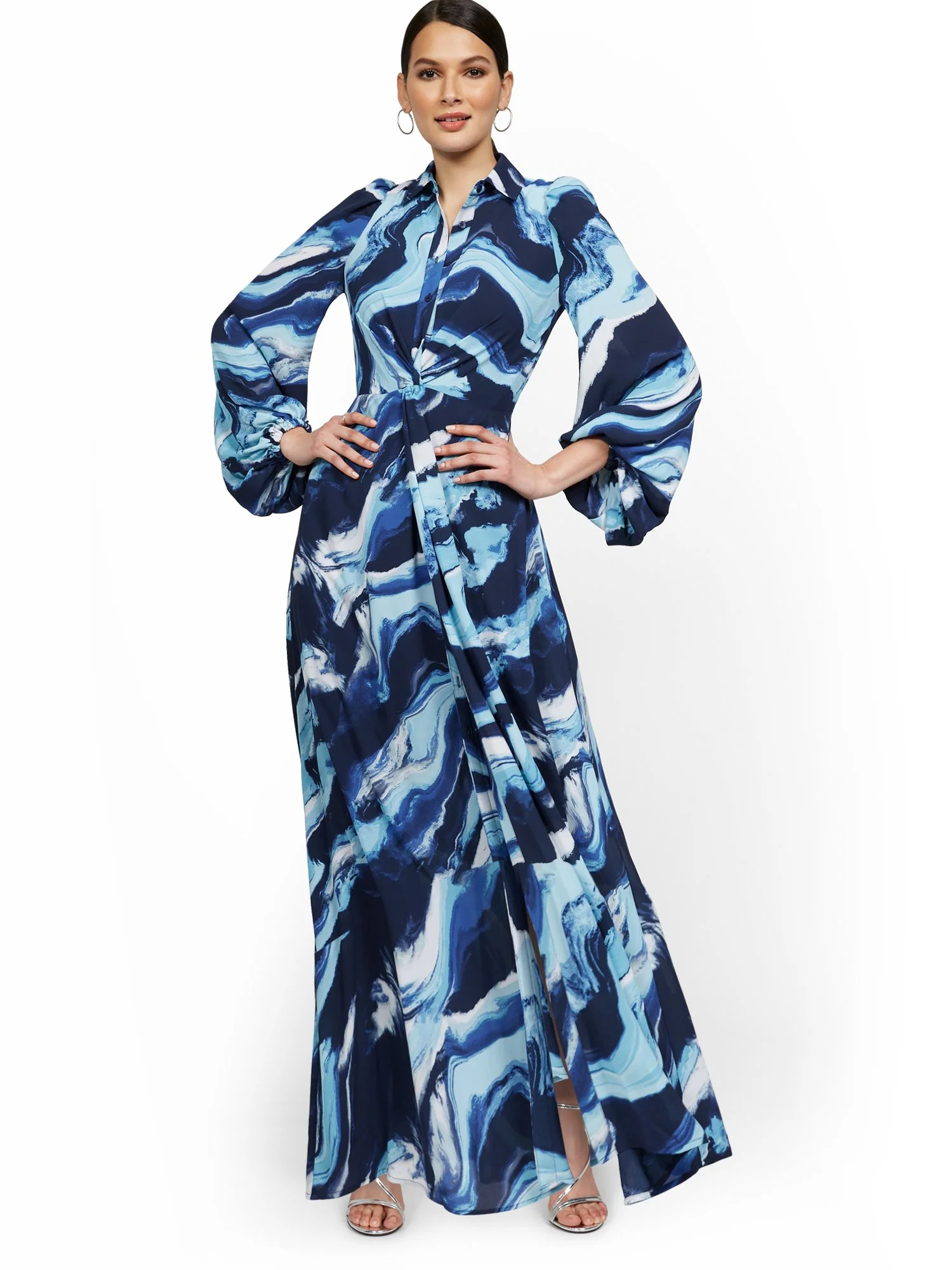Statement-Sleeve Twist-Front Maxi Shirtdress - Image 2