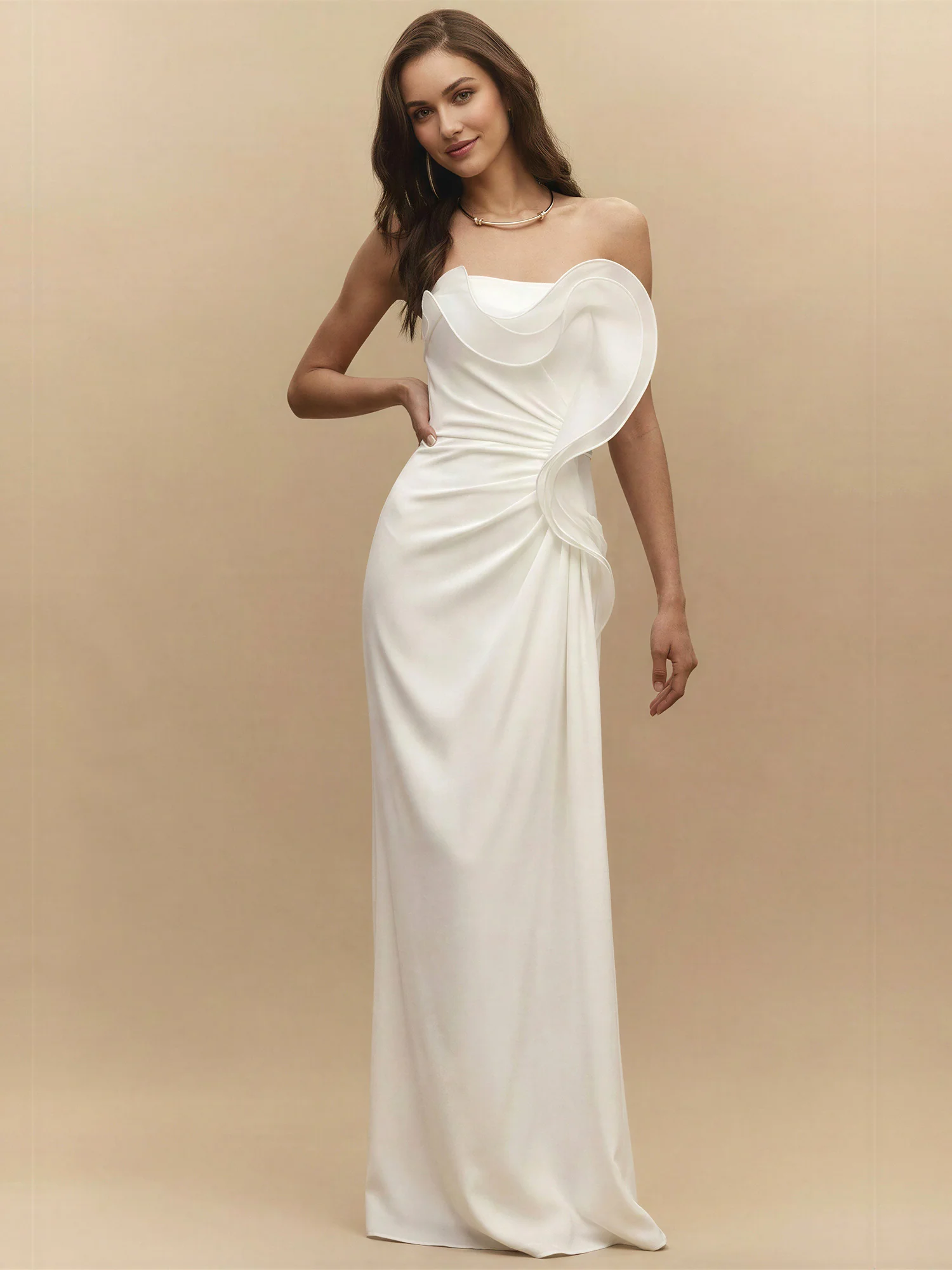 Strapless 3D Floral Ruched Gown