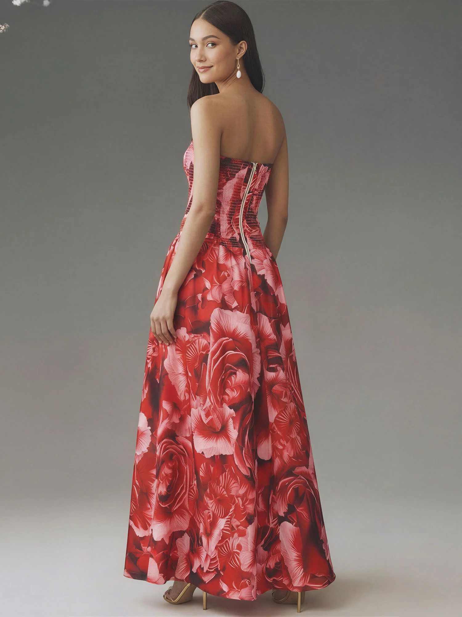 Strapless Ruched Bodice Rose High Low Gown - Image 3