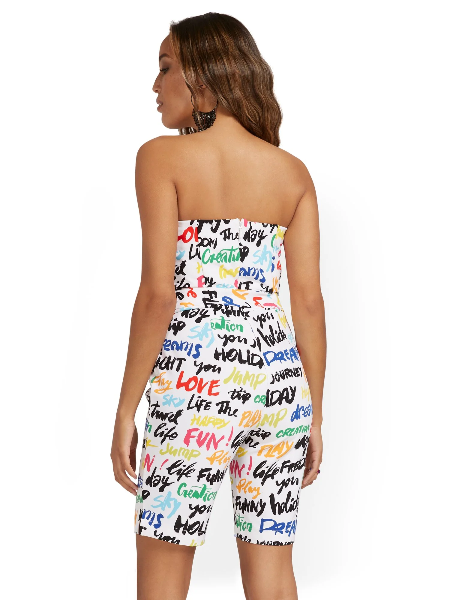 Strapless Script-Print Bermuda Romper with Tie - Image 3