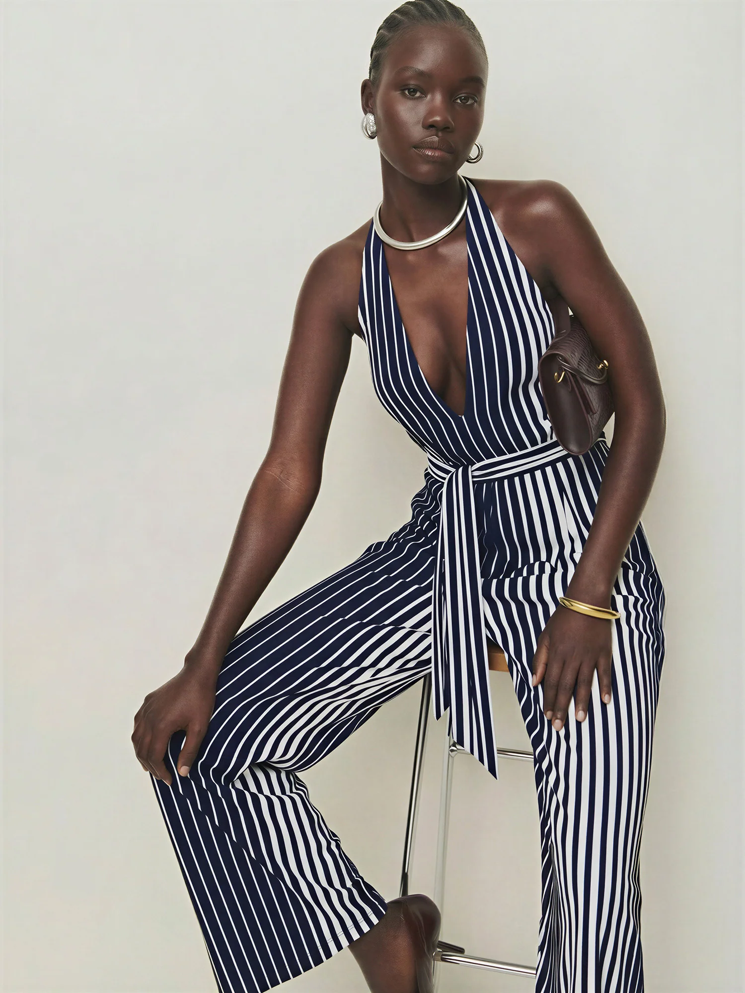 Black And White Stripe Halter Knit Jumpsuit - Image 2