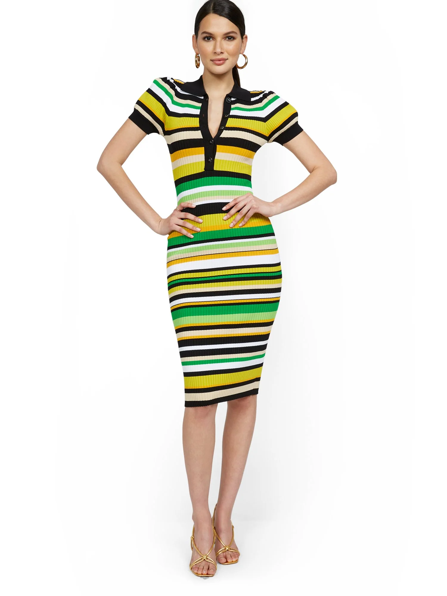 Stripe Puff-Sleeve Polo Midi Sweater Dress - Image 2