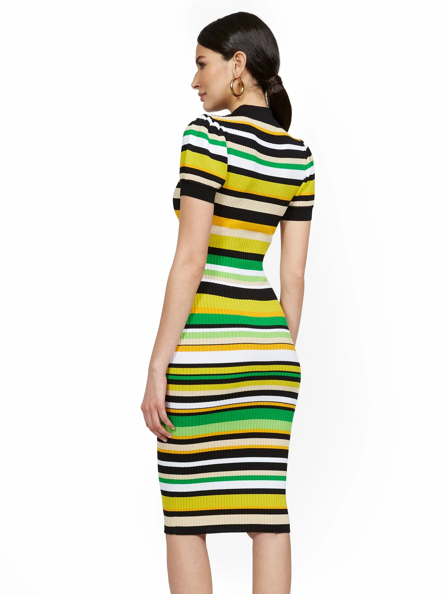 Stripe Puff-Sleeve Polo Midi Sweater Dress - Image 3