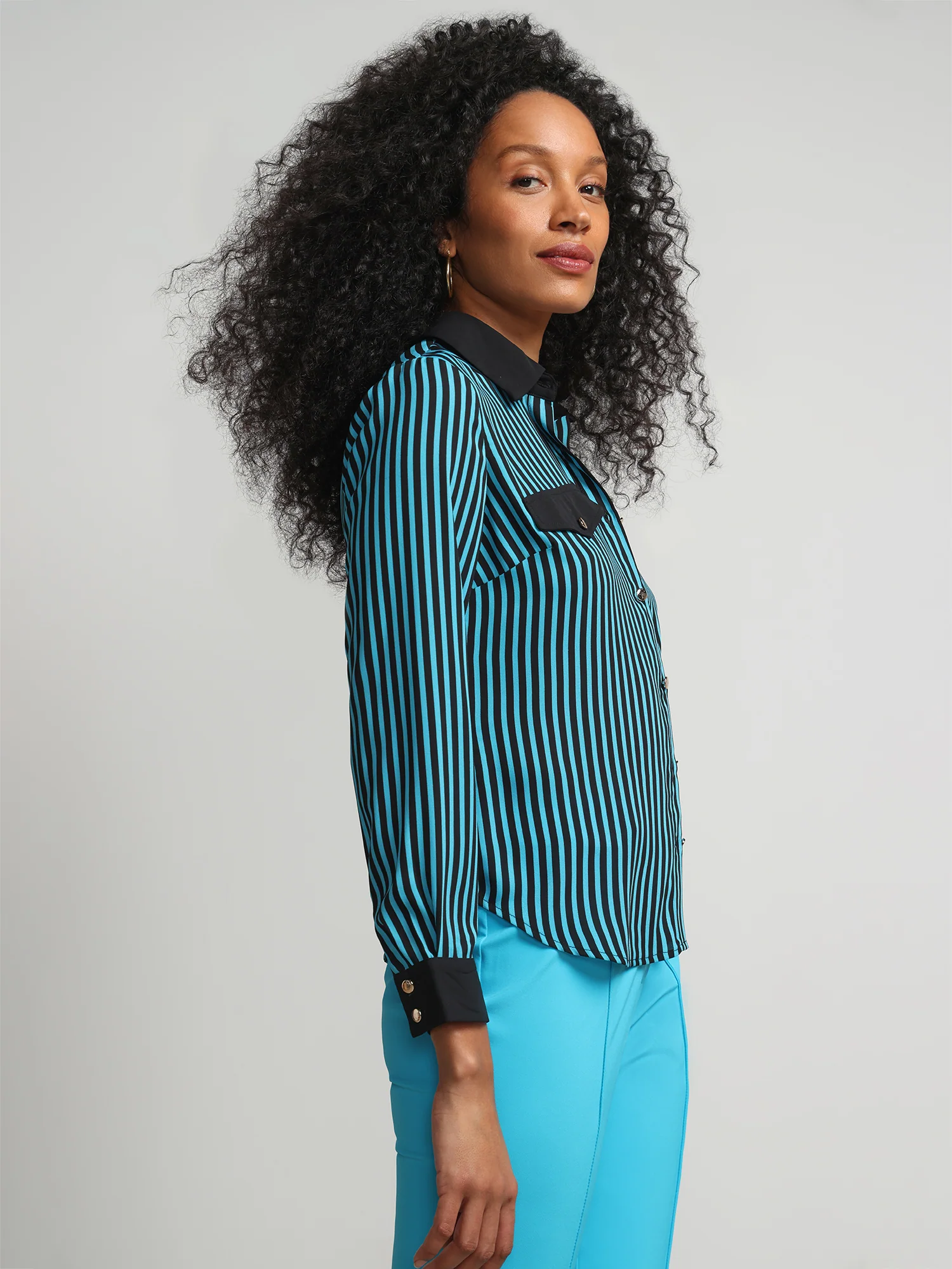 Striped Button-Front Pocket Blouse - Image 2