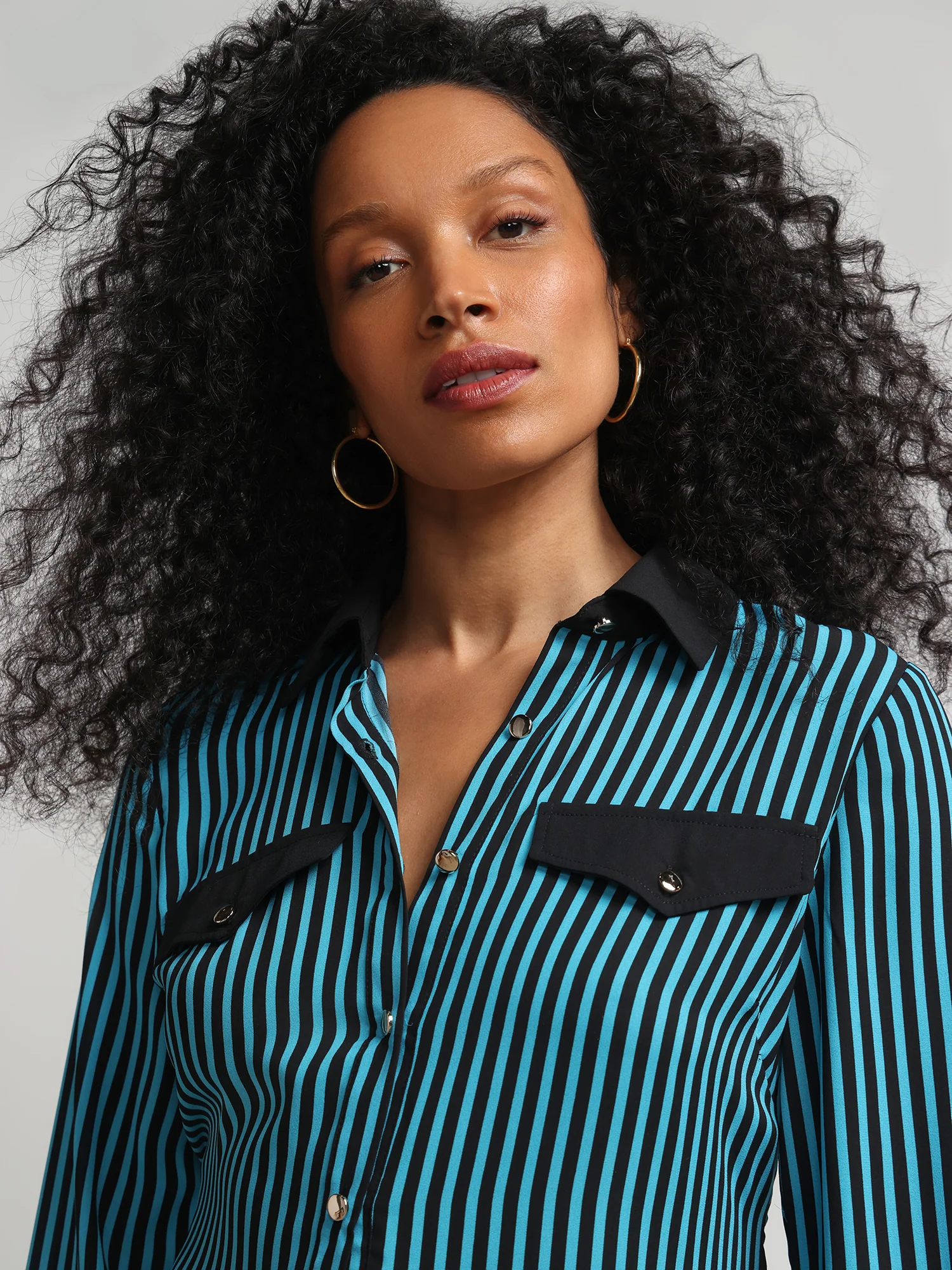Striped Button-Front Pocket Blouse - Image 4
