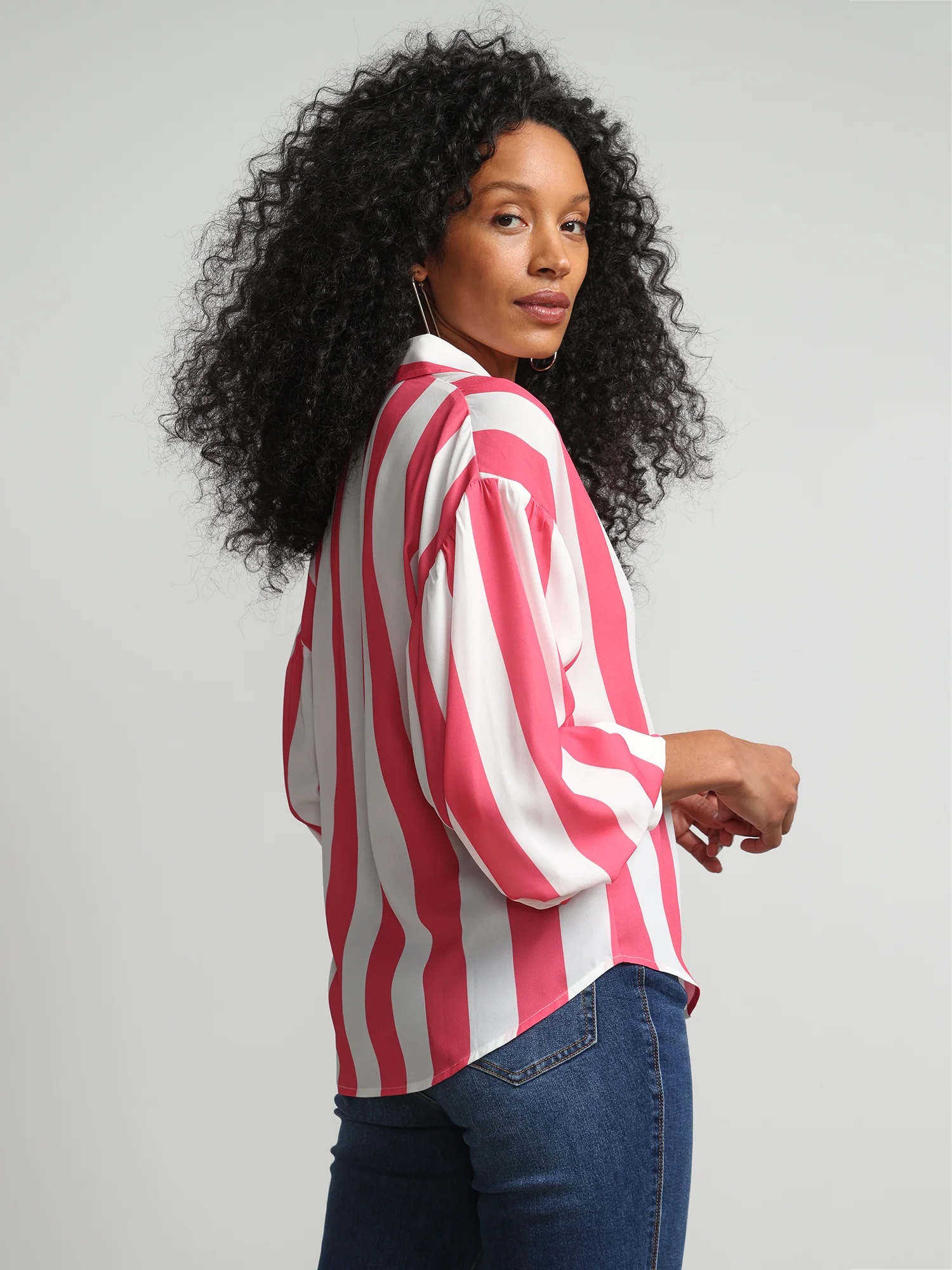 Striped Button-Front Satin Effect Blouse - Image 2