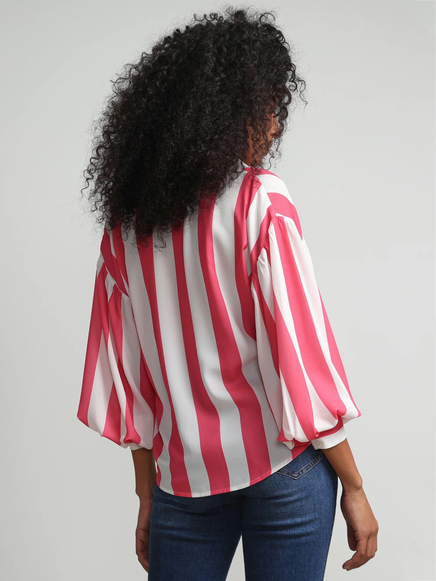 Striped Button-Front Satin Effect Blouse - Image 3