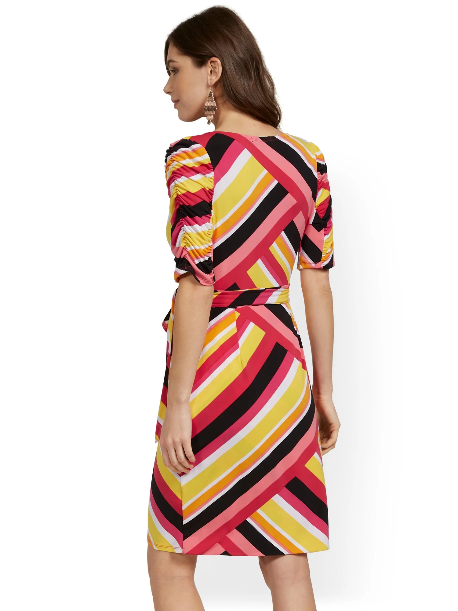 Striped Ruche-Sleeve Wrap Dress - NY&C Style System - Image 3