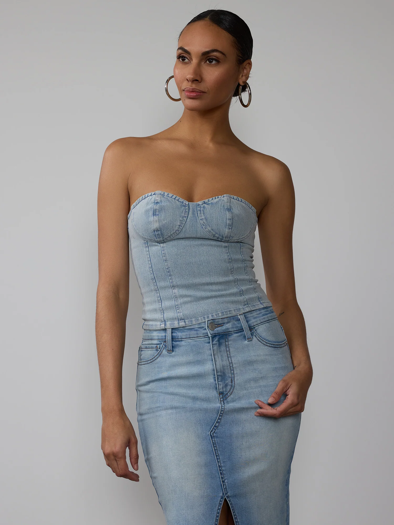 Strapless Foil Coat Denim Corset Top - Image 5