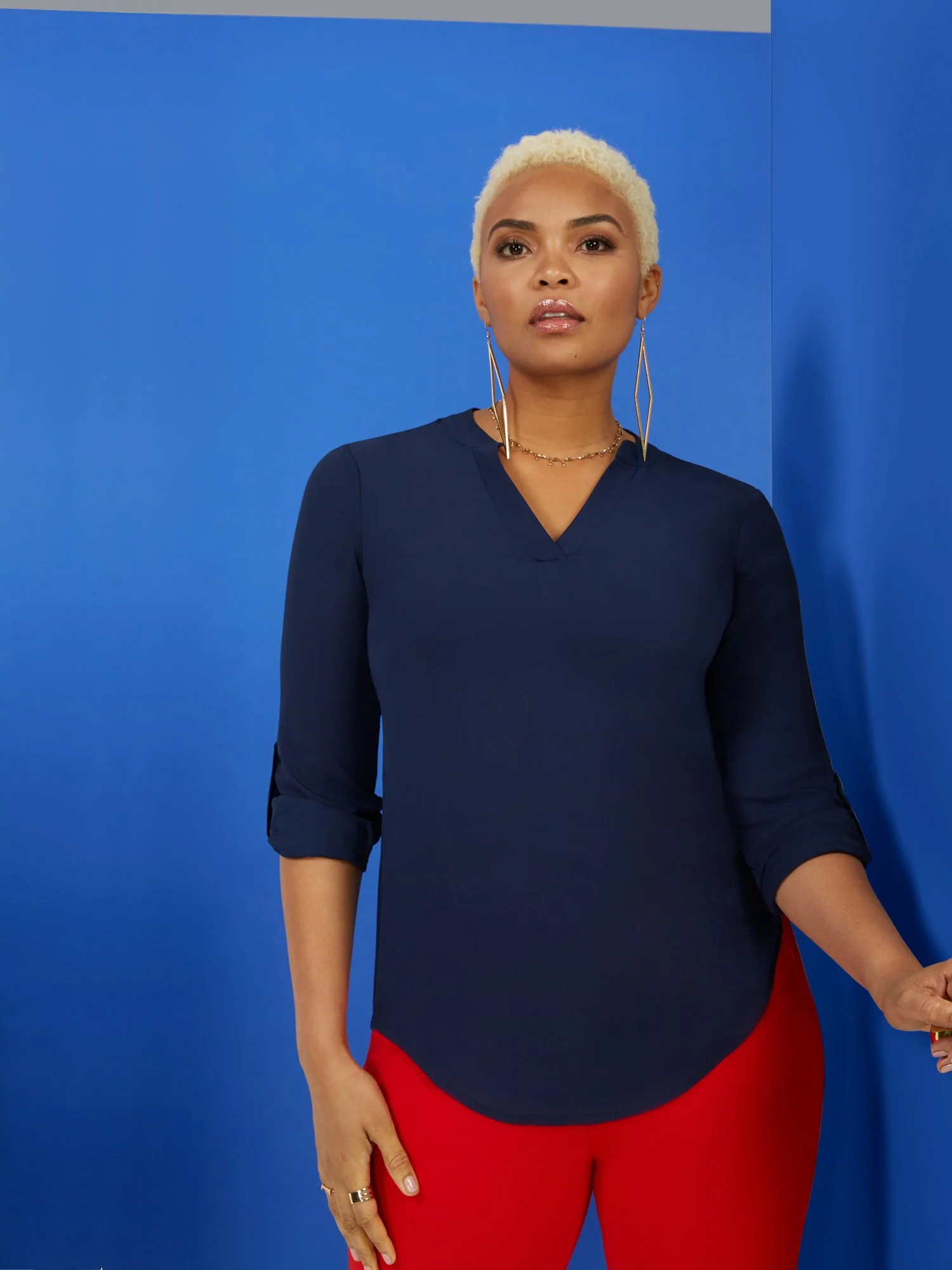 Tab-Sleeve Button-Back V-Neck Top - Image 4