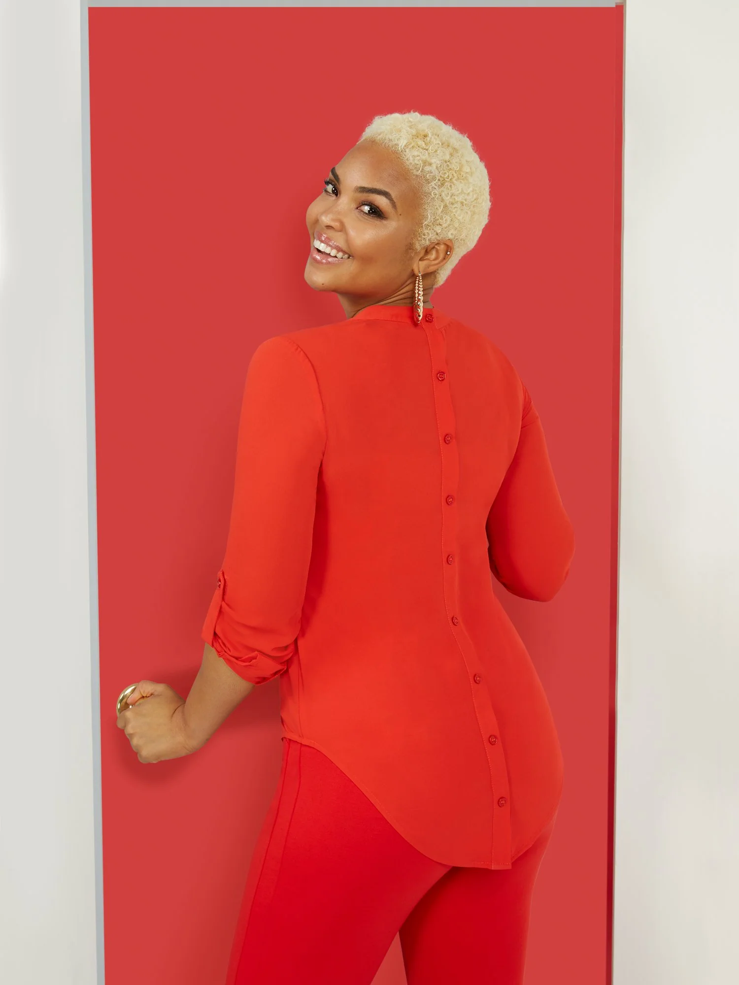 Tab-Sleeve Button-Back V-Neck Top - Image 6