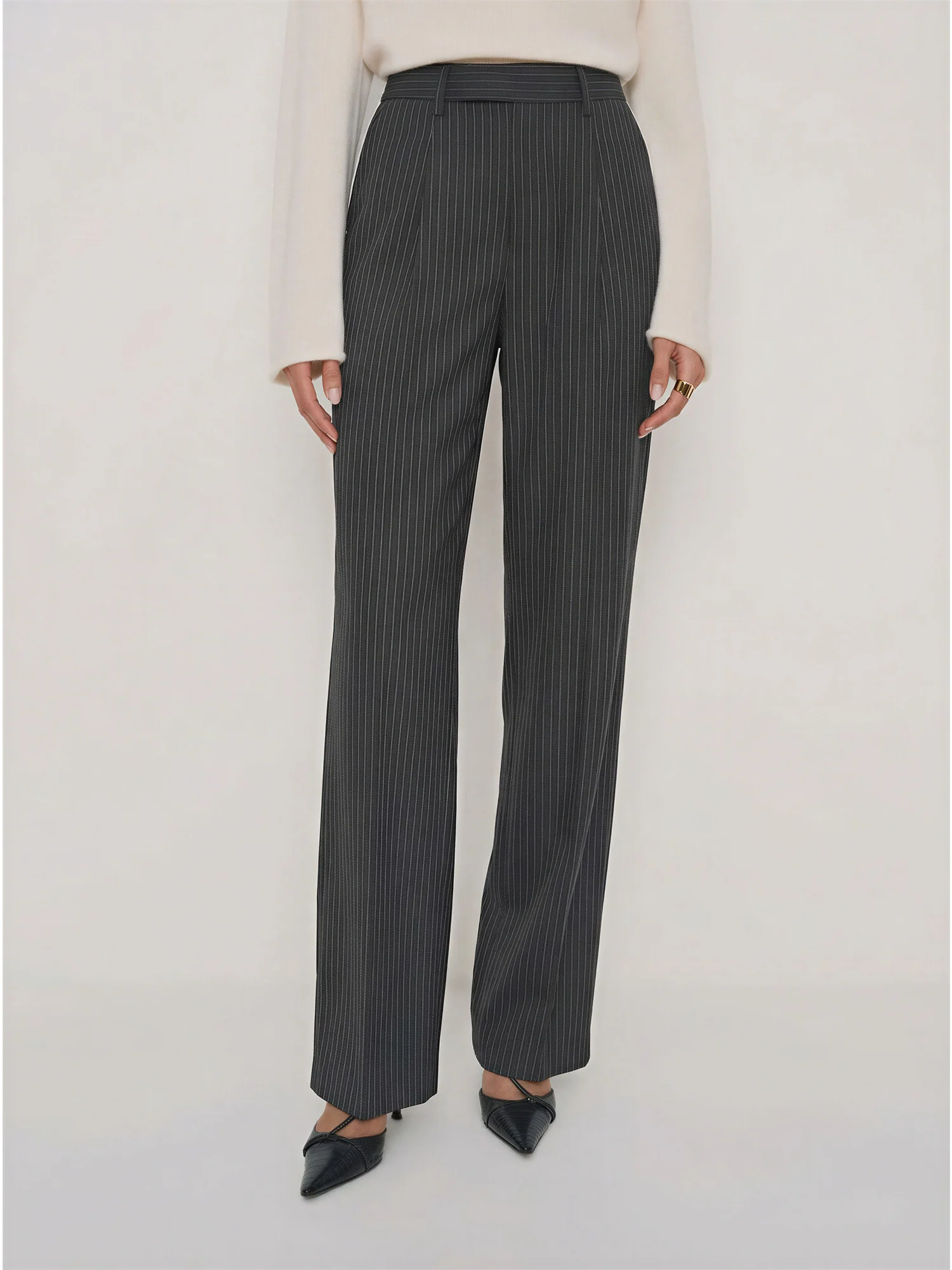 Tailored Classic High-Wasited Striped Straight Leg Woven Pants - Image 2